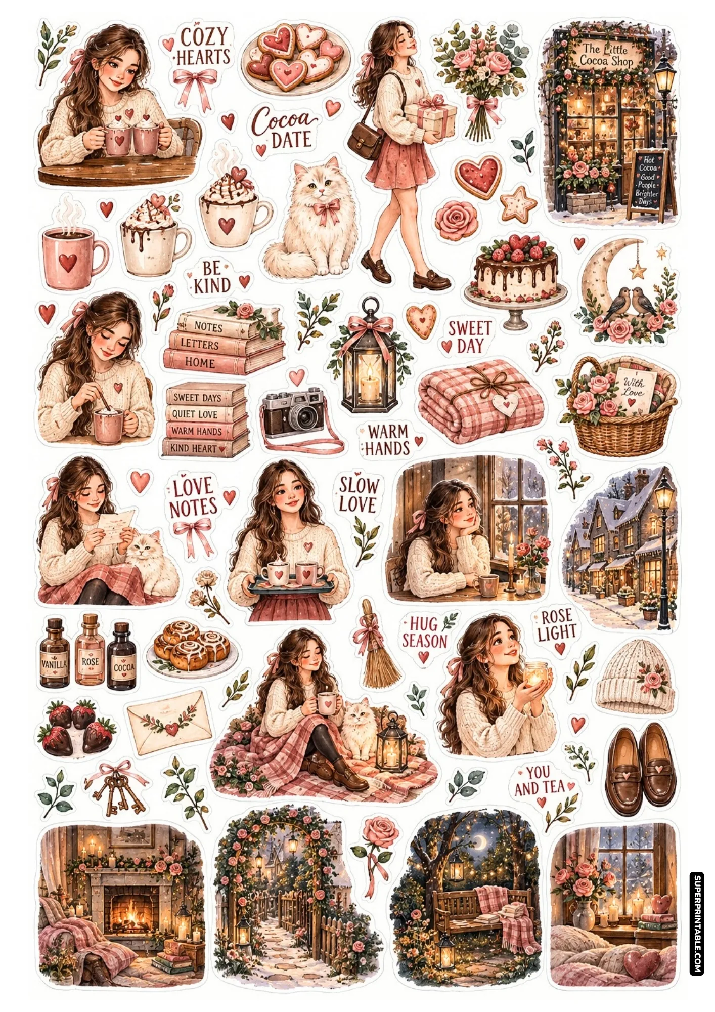 Winter cafe sticker sheet with hot cocoa mugs, whipped cream, chocolate strawberries, and warm knitwear.