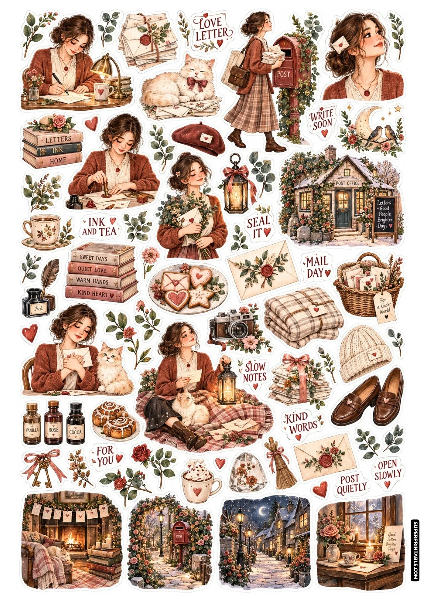 Cozy valentine sticker sheets with hand-drawn love letters, vintage stationery, and sweet cottage scenes.