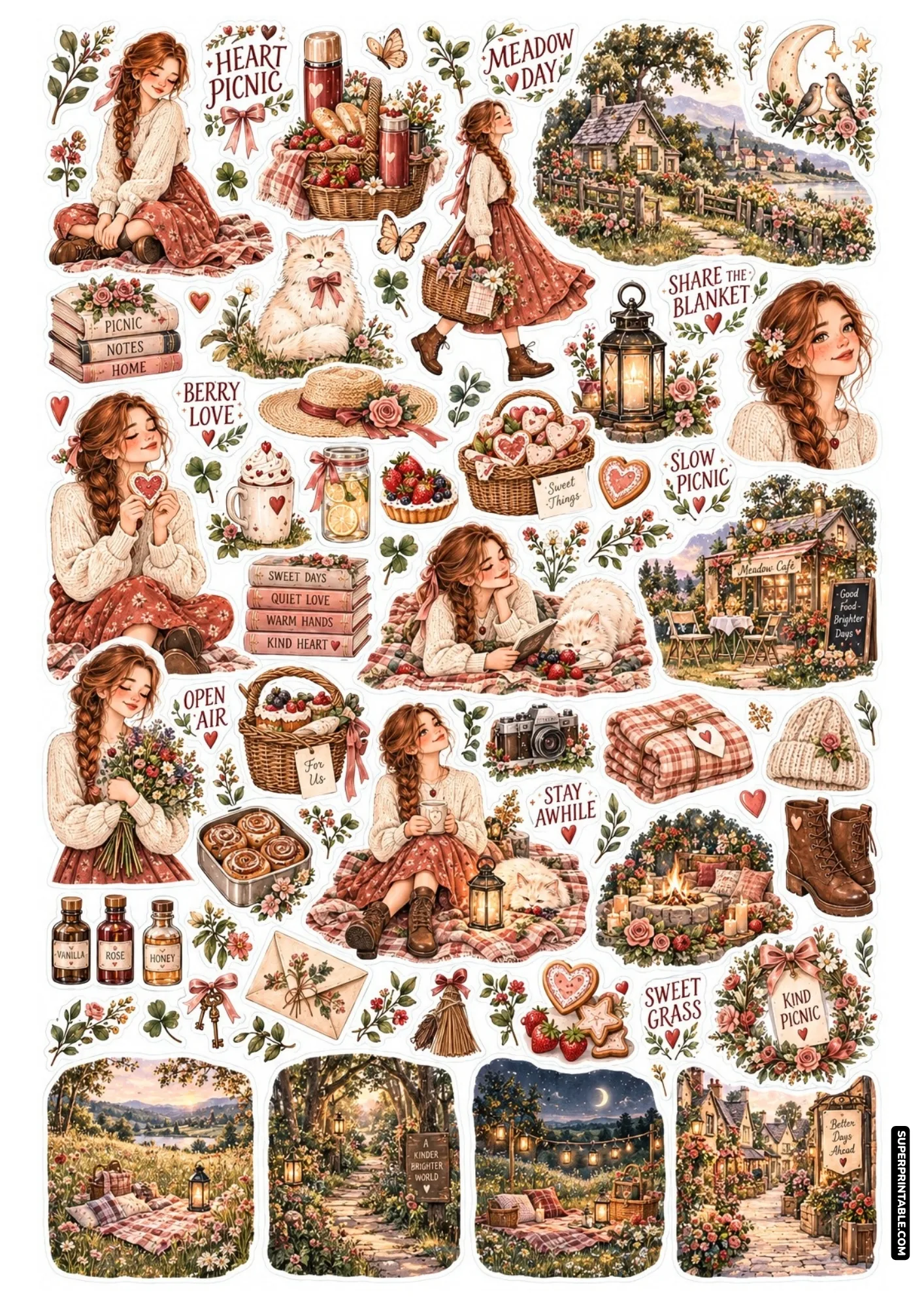 Countryside picnic sticker sheet with wicker baskets, fresh strawberries, wildflowers, and cozy campfire hearths.