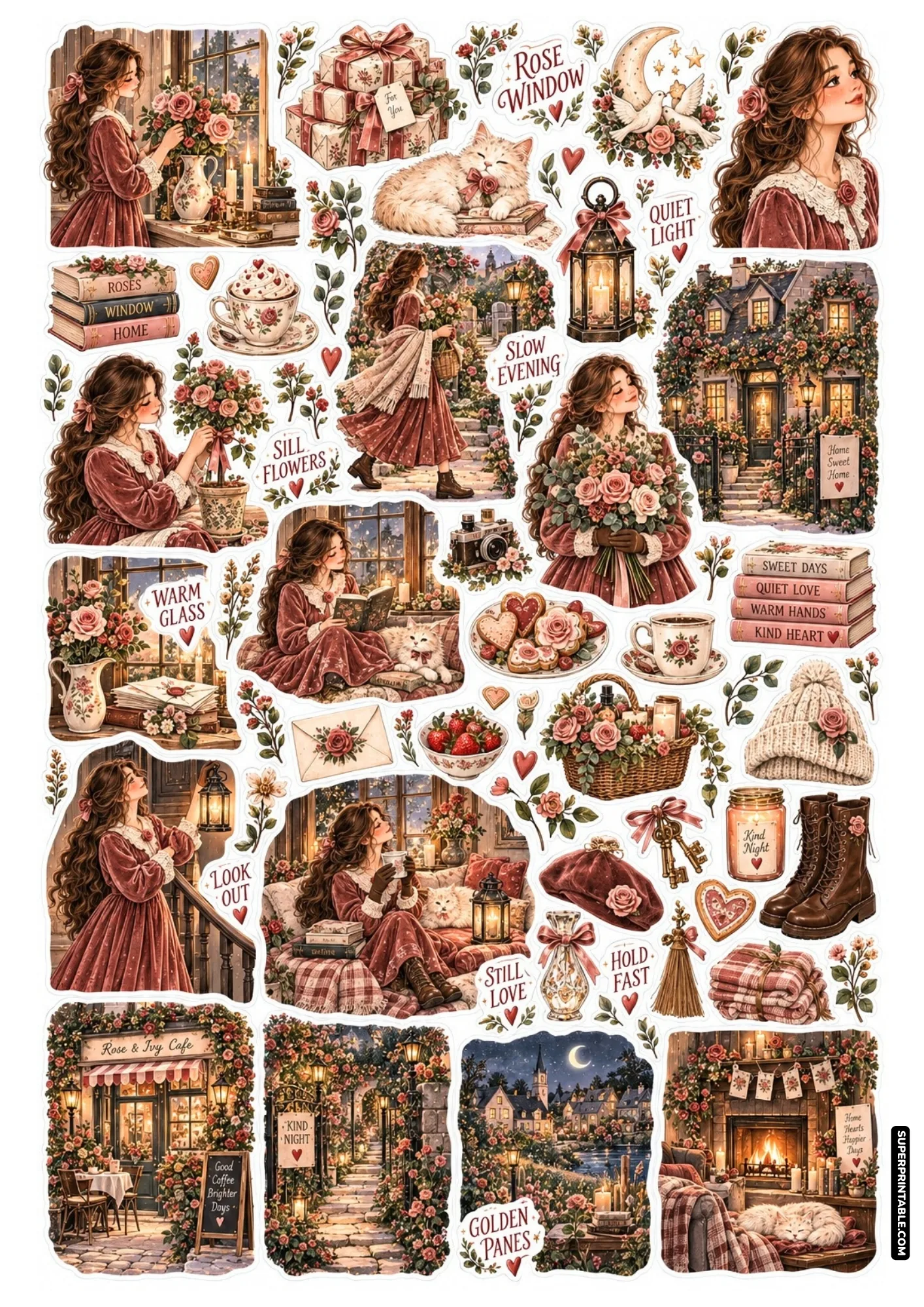 Romantic cottage sticker sheet showing a girl in a rose velvet dress, fireplace, and climbing garden blossoms.