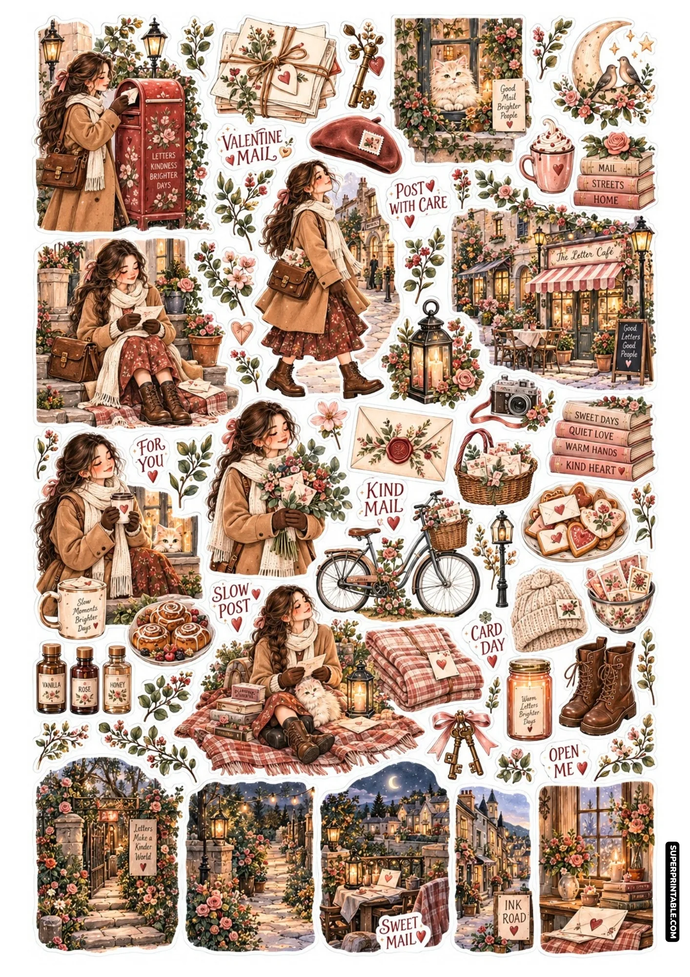 Winter romance sticker sheet with a girl in a camel coat, vintage red mailbox, and charming village cafe.