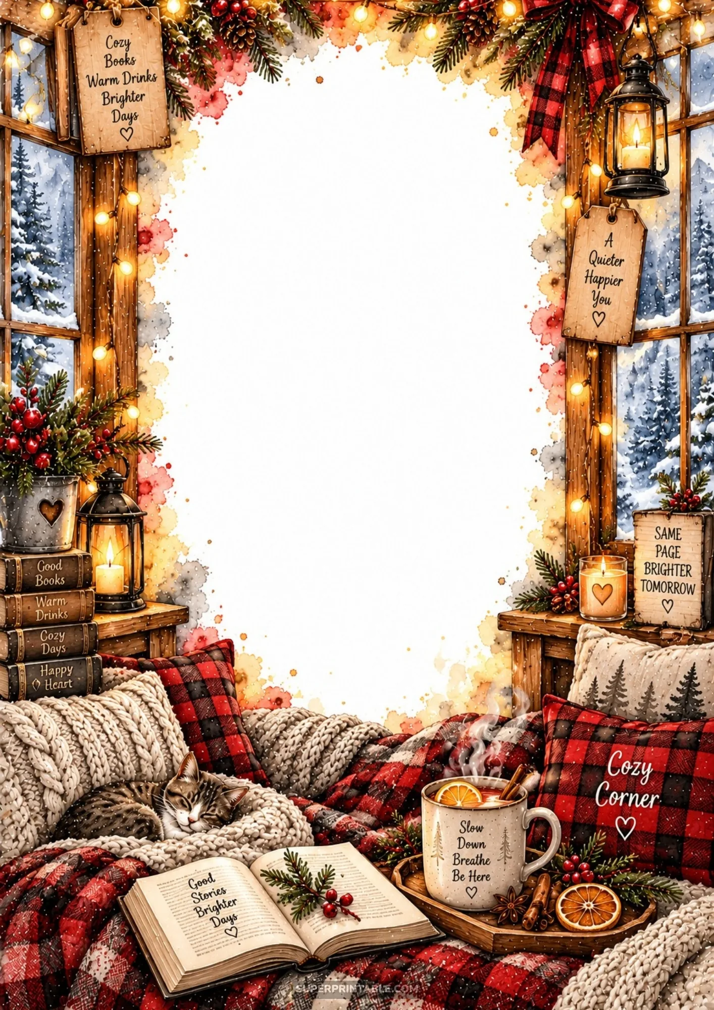 Cozy winter border pages with a sleeping cat in a window nook, warm cider mug, fairy lights, and snow.