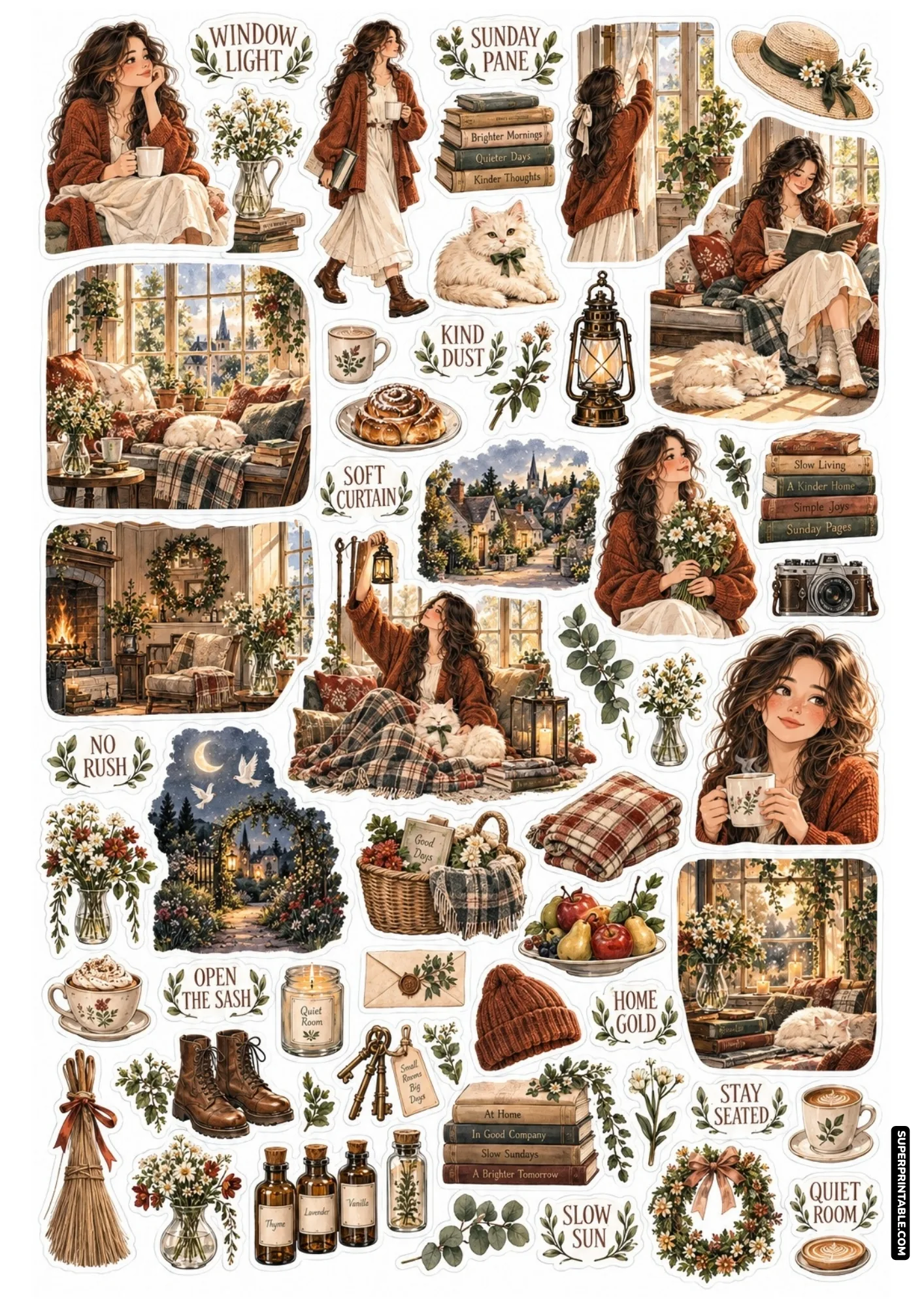 Girl relaxing on window seat with warm tea, open book, and sleeping white cat in cozy cottage bedroom