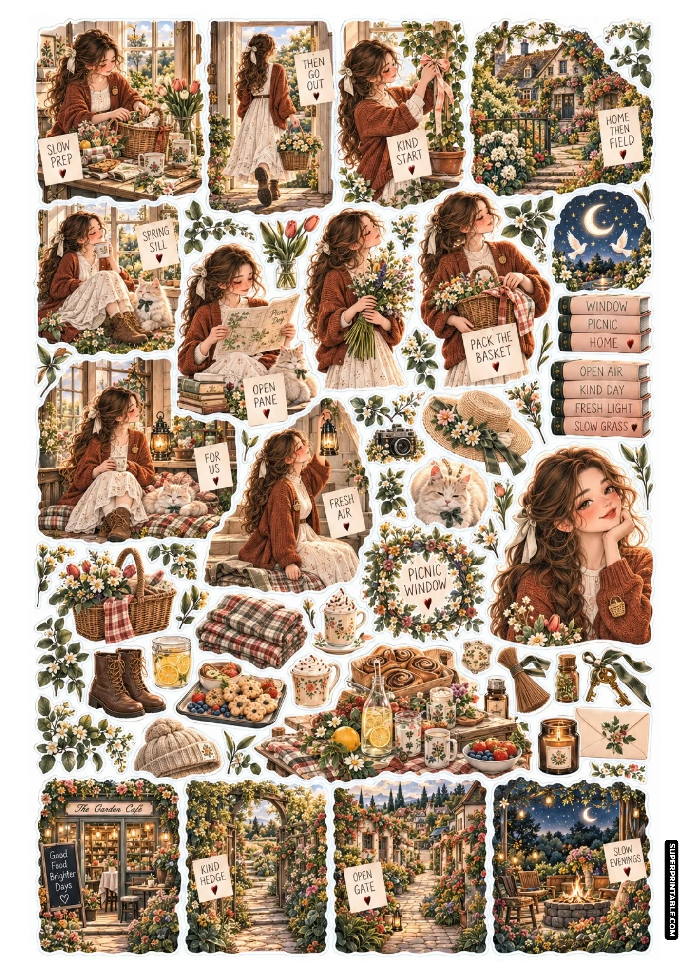 Cozy spring picnic stickers sheet with cottagecore girl, flowers, cat, and rustic treats.
