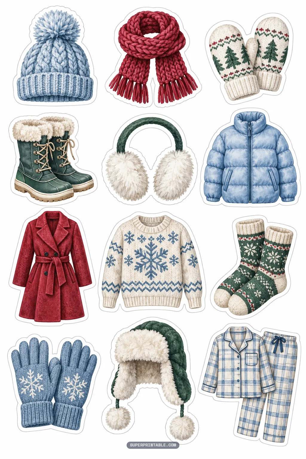 Cozy knitwear stickers featuring cable-knit beanies, snowflake sweaters, wool coats, and flannel pajamas