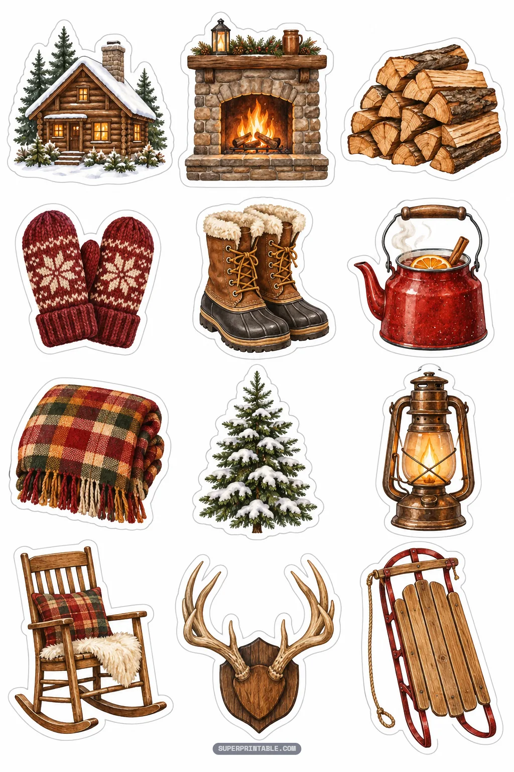 Winter cabin retreat stickers featuring a snow log cabin, stone fireplace, and warm mittens