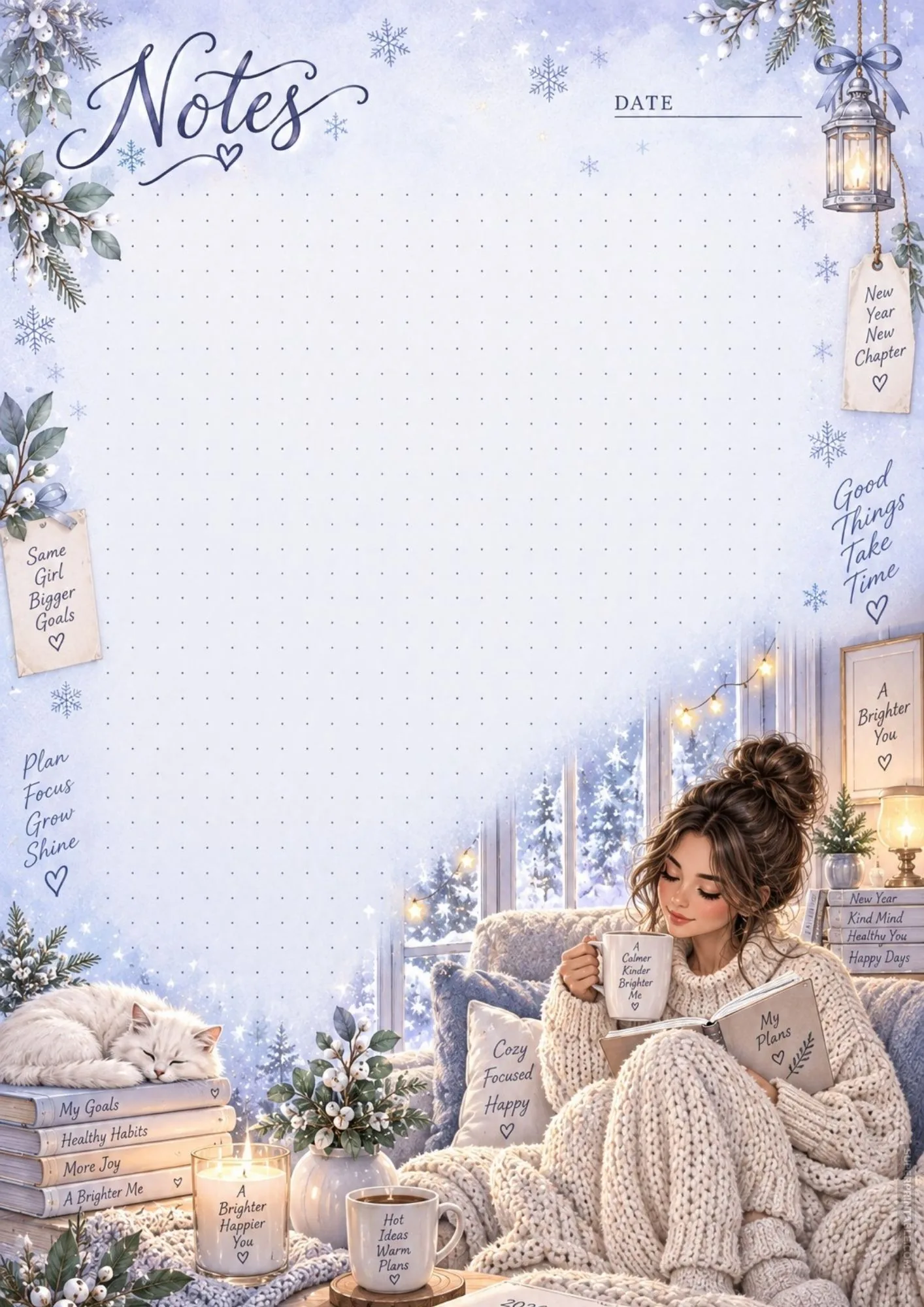 Printable notes sheet with a woman sipping tea in a blanket beside a sleeping cat and snowy window.