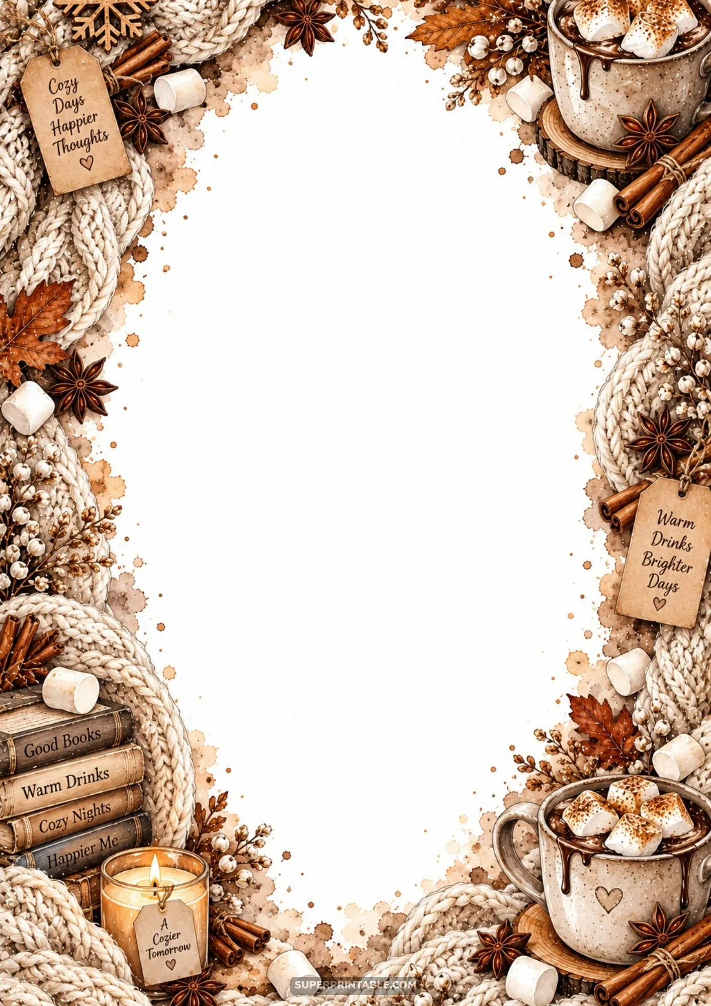 Decorative border framed by chunky knit blankets, warm cocoa mugs, cinnamon sticks, and glowing candles.