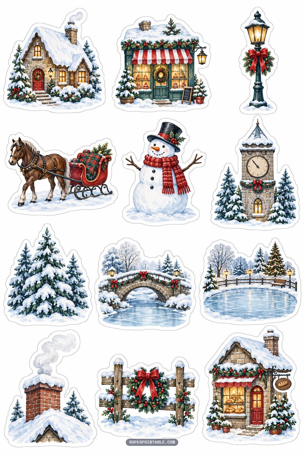 Scenic watercolor winter village stickers showing snowy cottages snowman and horse drawn sleigh