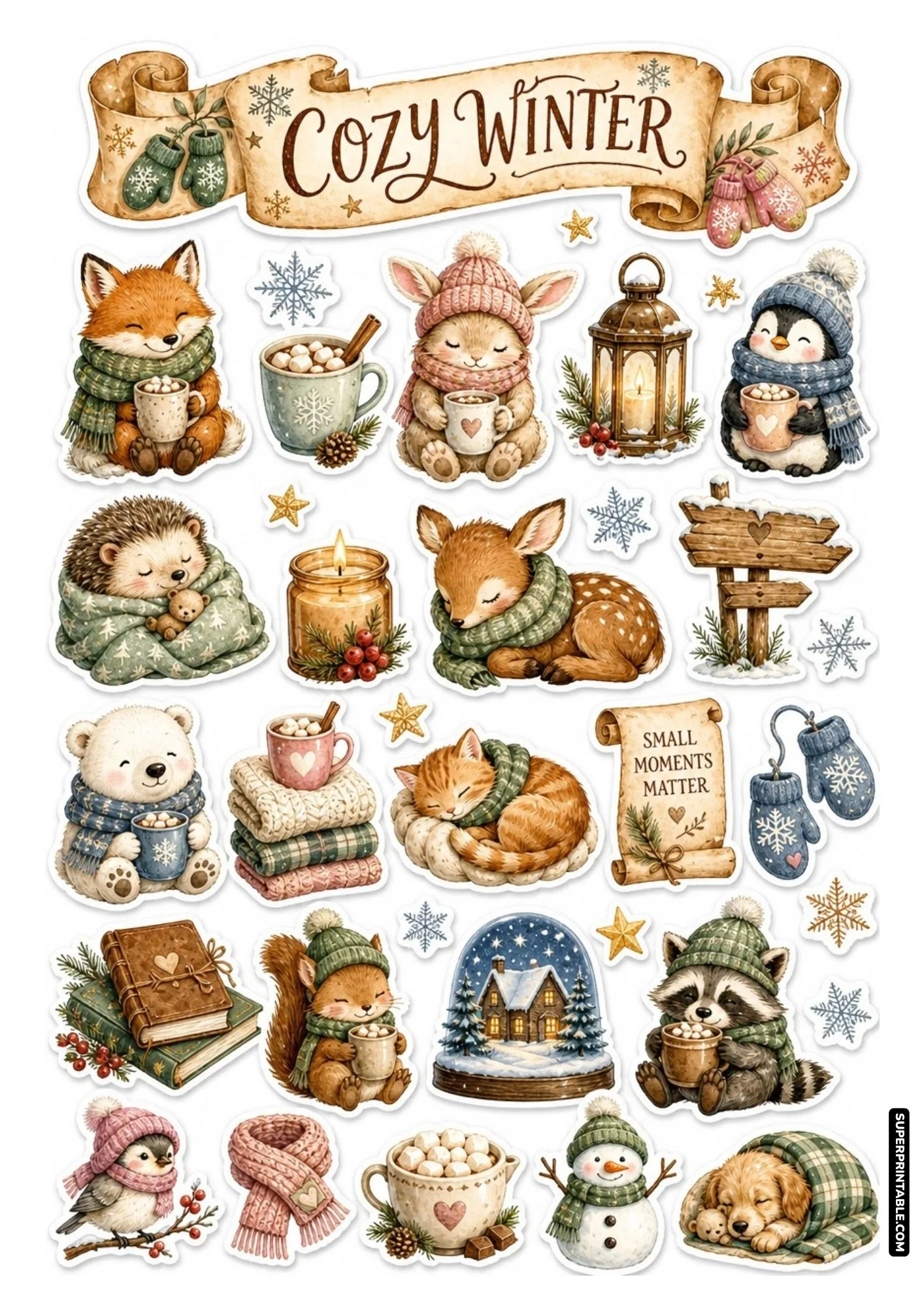 Printable cozy winter wisdom sticker sheets with cute sleeping animals and warm cocoa mugs.