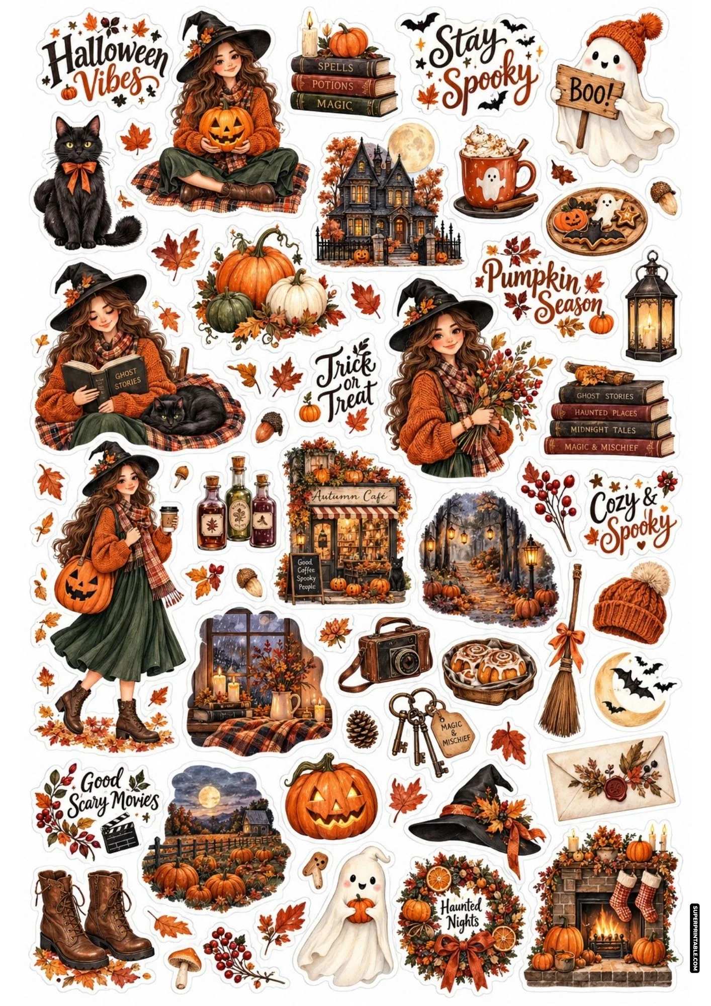 Cozy halloween sticker sheets with a cute witch holding a jack-o-lantern and autumn cafe stickers