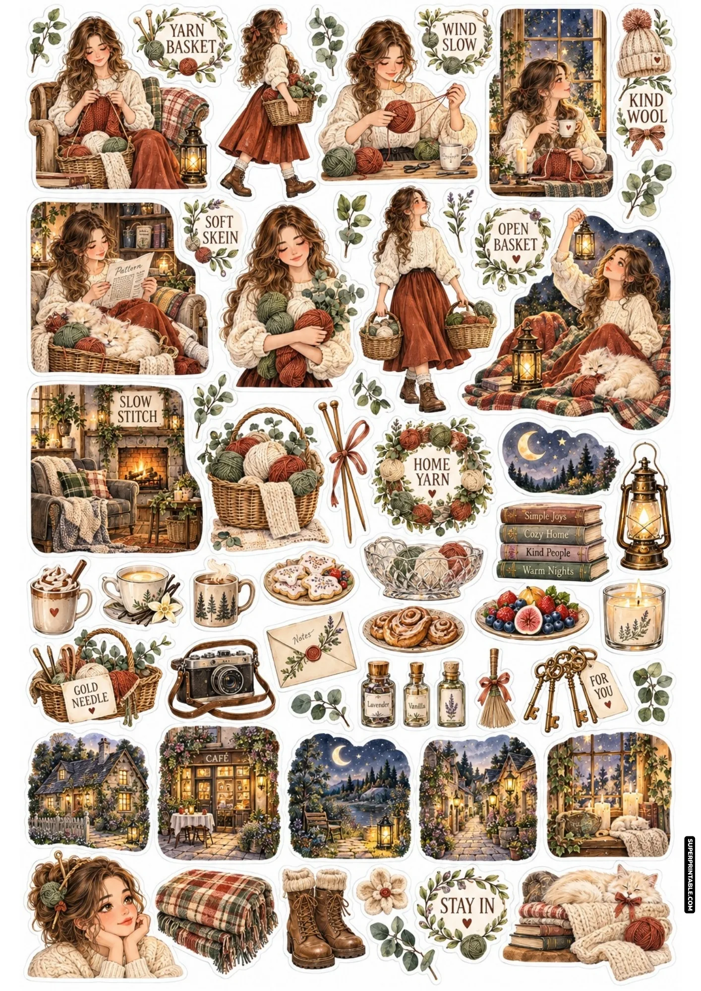 Yarn and knitting sticker sheets featuring cozy sweater knitting scenes, yarn baskets, white cats, and warm tea mugs