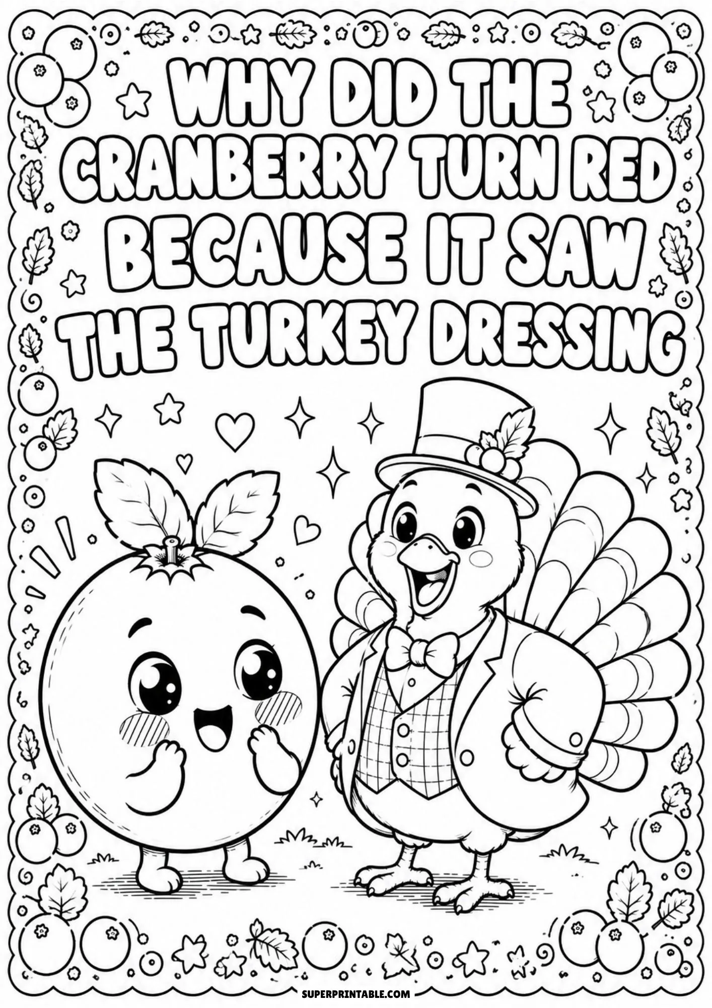 Seasonal coloring page with a blushing cranberry and turkey in a suit.