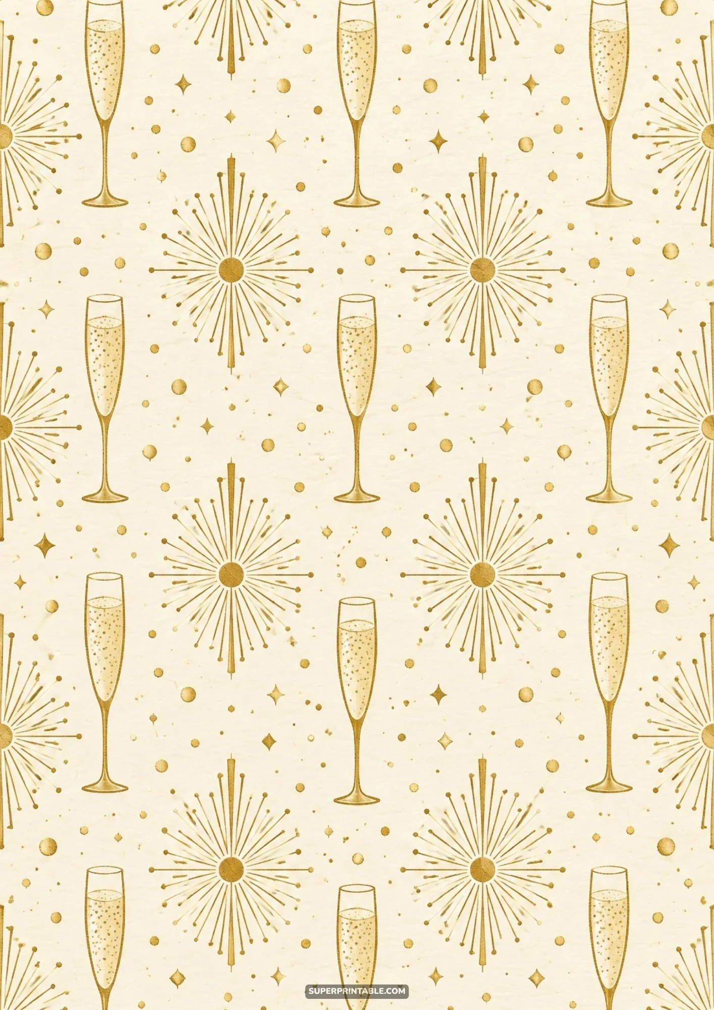 Art Deco style champagne flutes and radiating sunbursts on cream backdrop