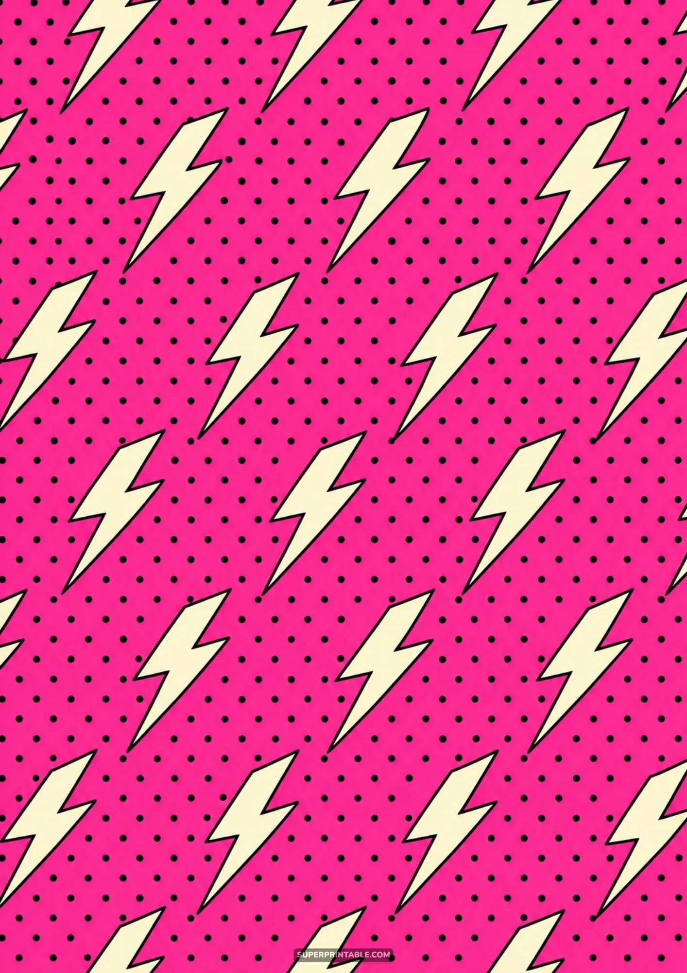 Cream lightning bolts floating above a bright hot pink backdrop accented with tiny black polka dots.