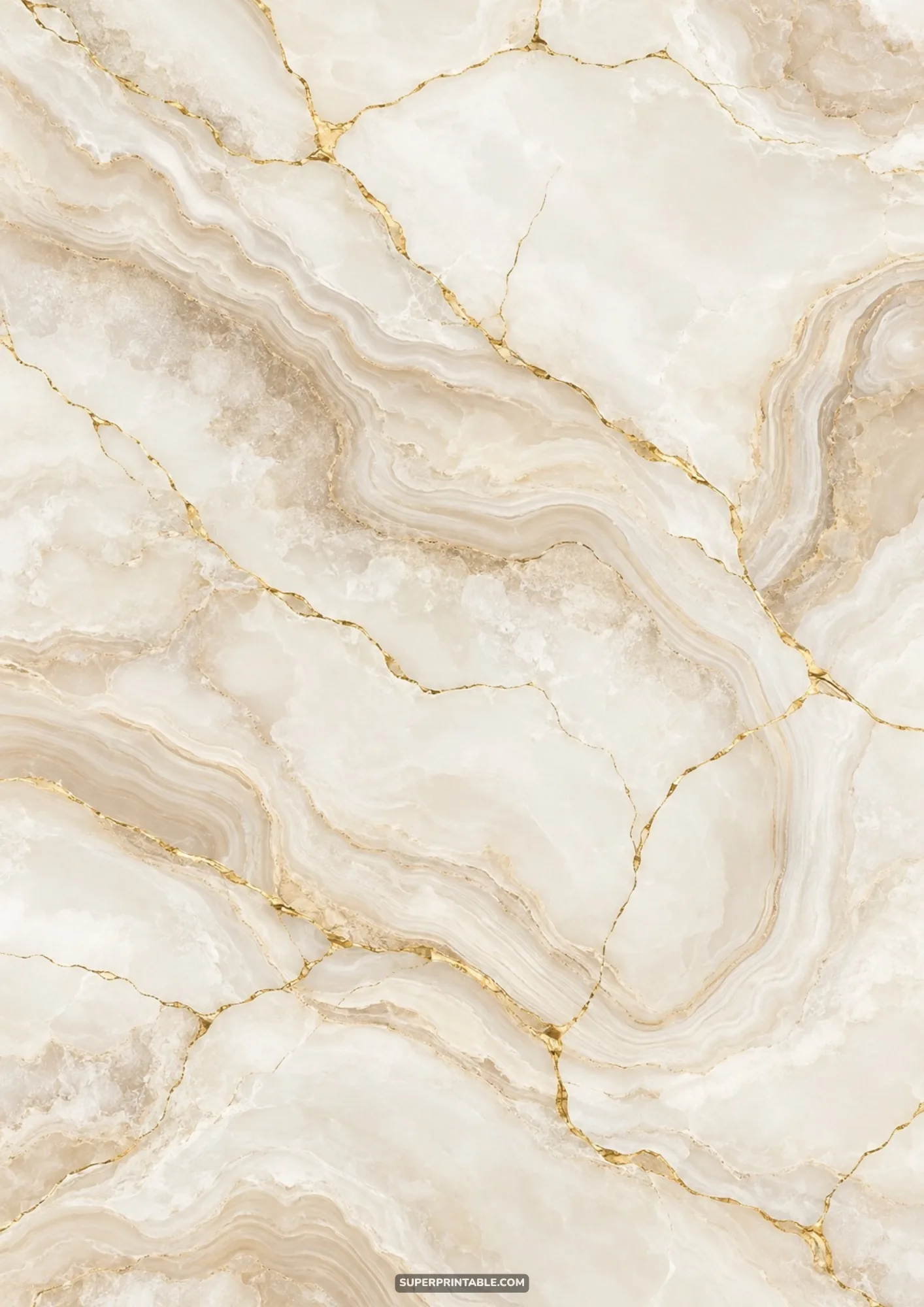 Creamy ivory and alabaster onyx marble surface with subtle translucent ripples and gold cracks