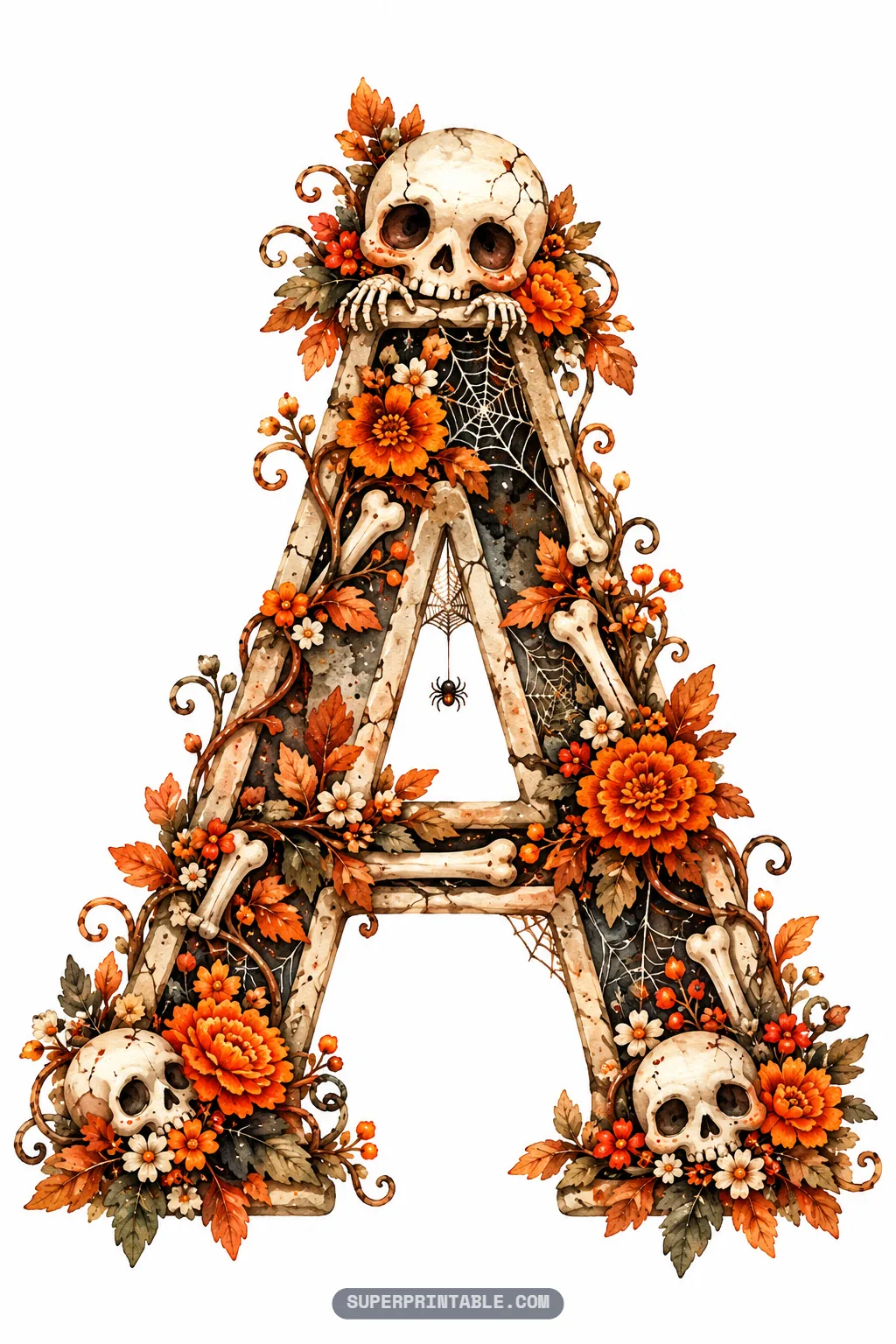 Skeleton and bones alphabet letter A decorated with human skulls, orange marigolds, and spiderwebs