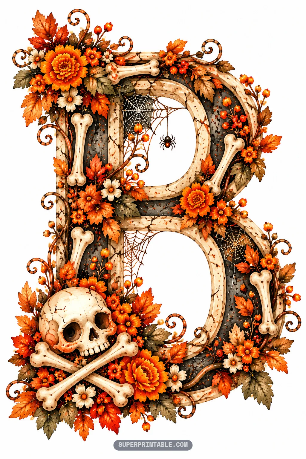 Skeleton and bones alphabet letter B adorned with skull, crossed bones, autumn marigolds, and spider