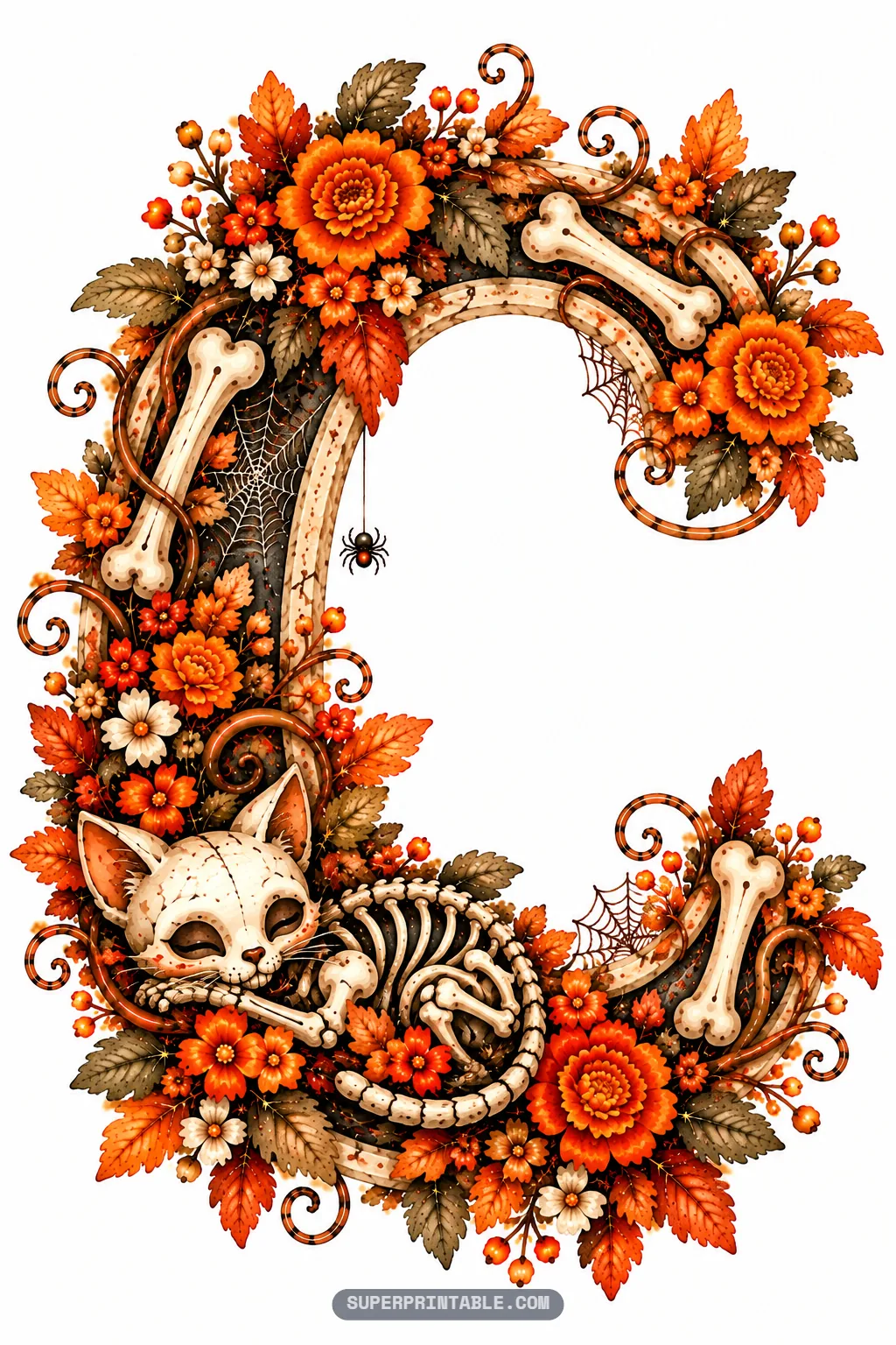 Gothic letter C featuring a sleeping skeleton cat nestled among orange flowers, bones, and cobwebs