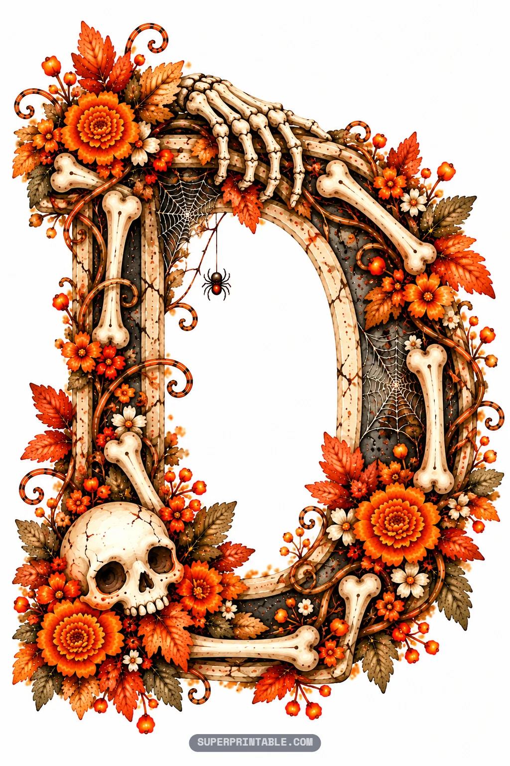 Creepy cute letter D with a skeleton hand on top, human skull, orange marigolds, and cobwebs