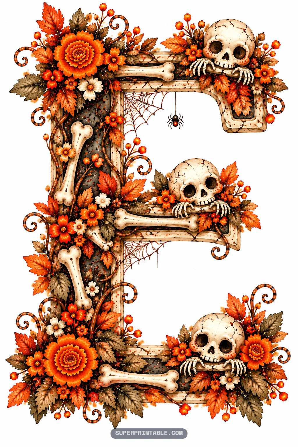 Halloween letter E featuring three cute skulls peeking over bone ledges surrounded by marigolds