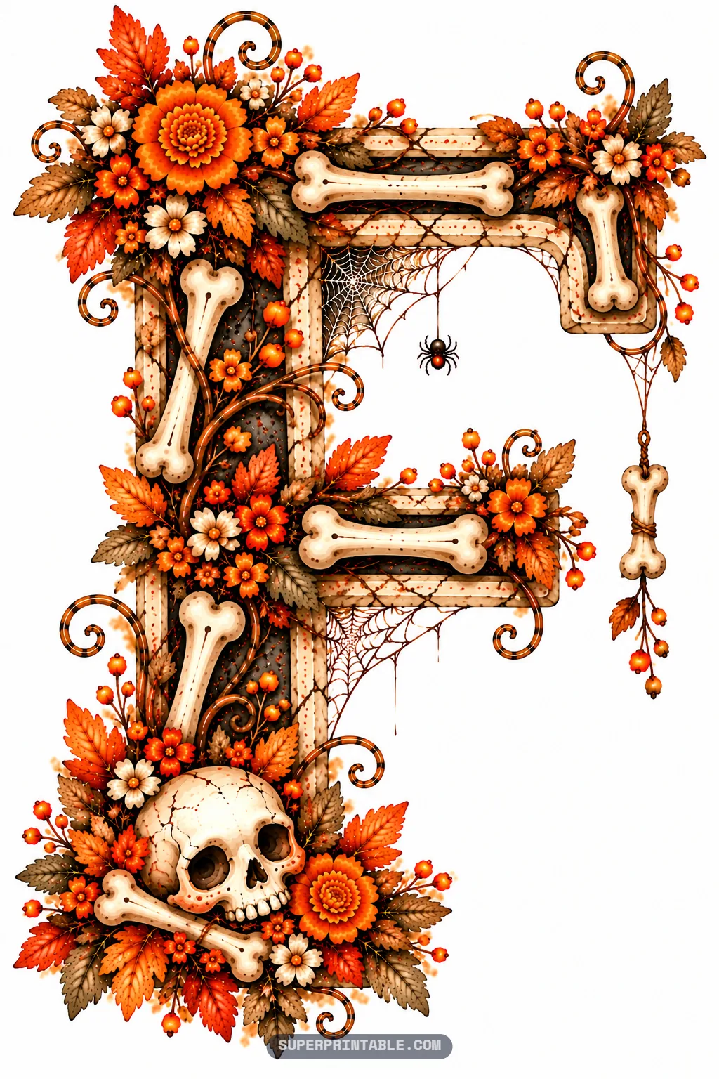 Decorative letter F with a skull at the base, bone struts, hanging bone charm, and autumn flowers