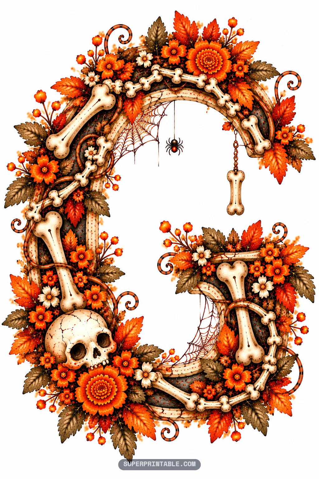 Ornamental letter G framed by bone segments, a skull, hanging bone pendant, and orange marigolds