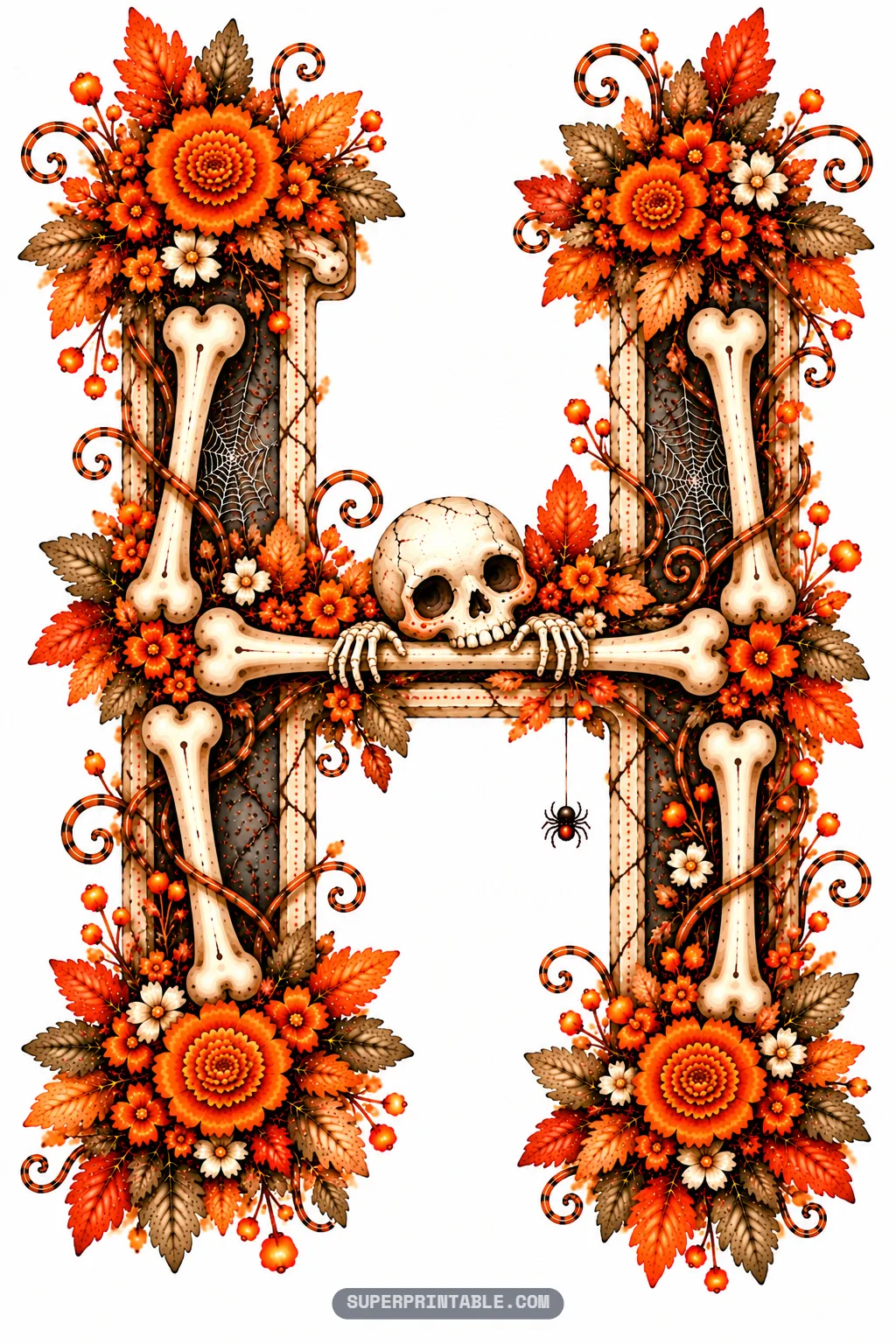 Creepy cute letter H with a skull peeking over the crossbar holding on with skeletal hands