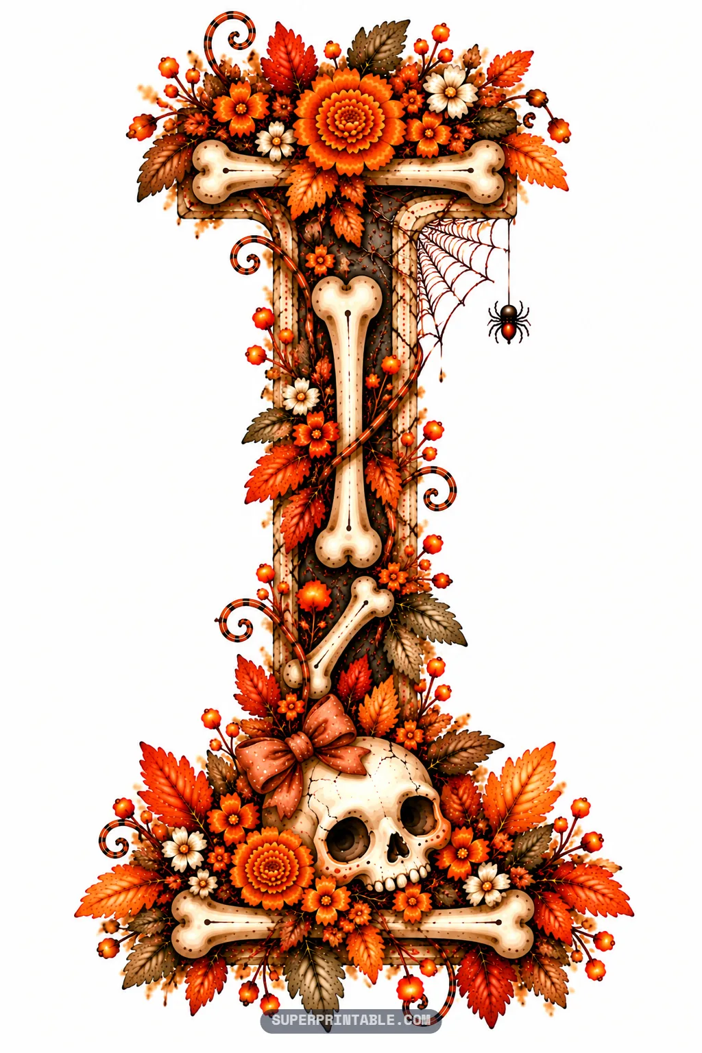 Letter I adorned with bone shafts, a skull wearing a fabric bow, fall leaves, and spiderwebs