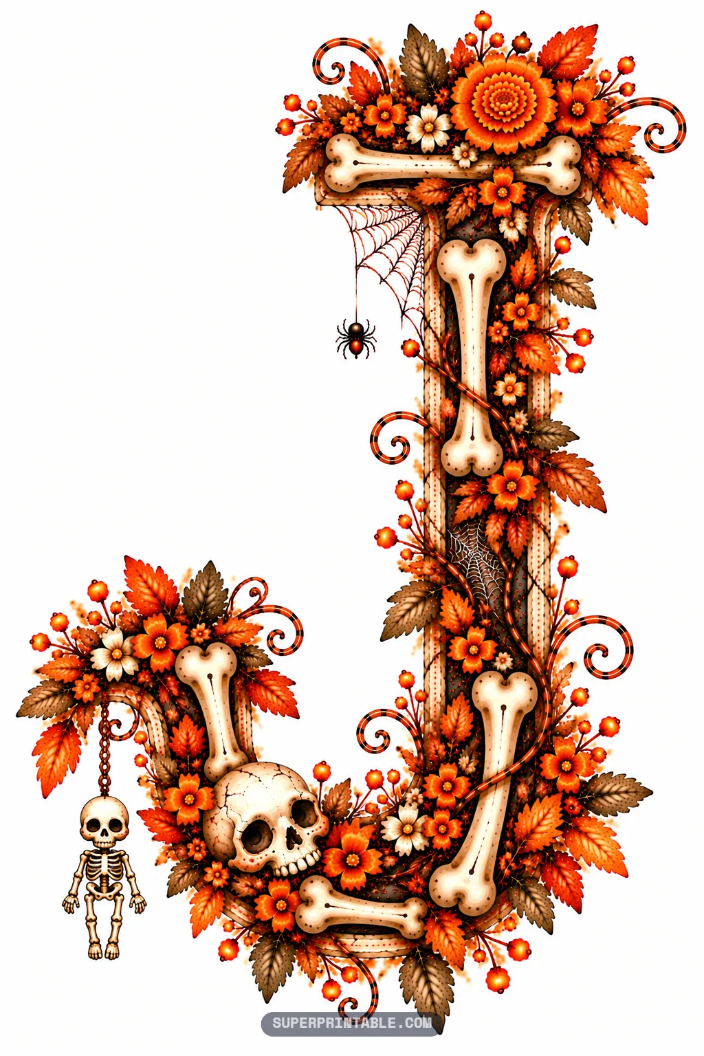 Halloween letter J with a skull, bone struts, autumn blossoms, and a hanging miniature skeleton