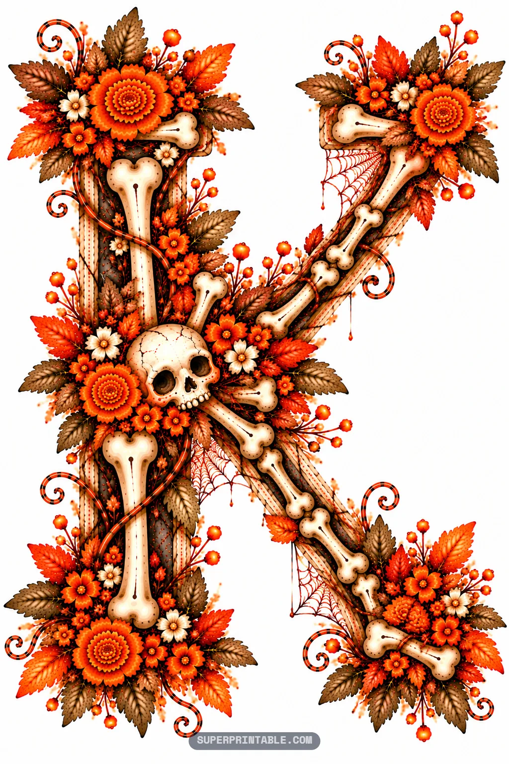 Letter K built with crossed bones, a central skull, autumn leaves, and orange marigold flowers