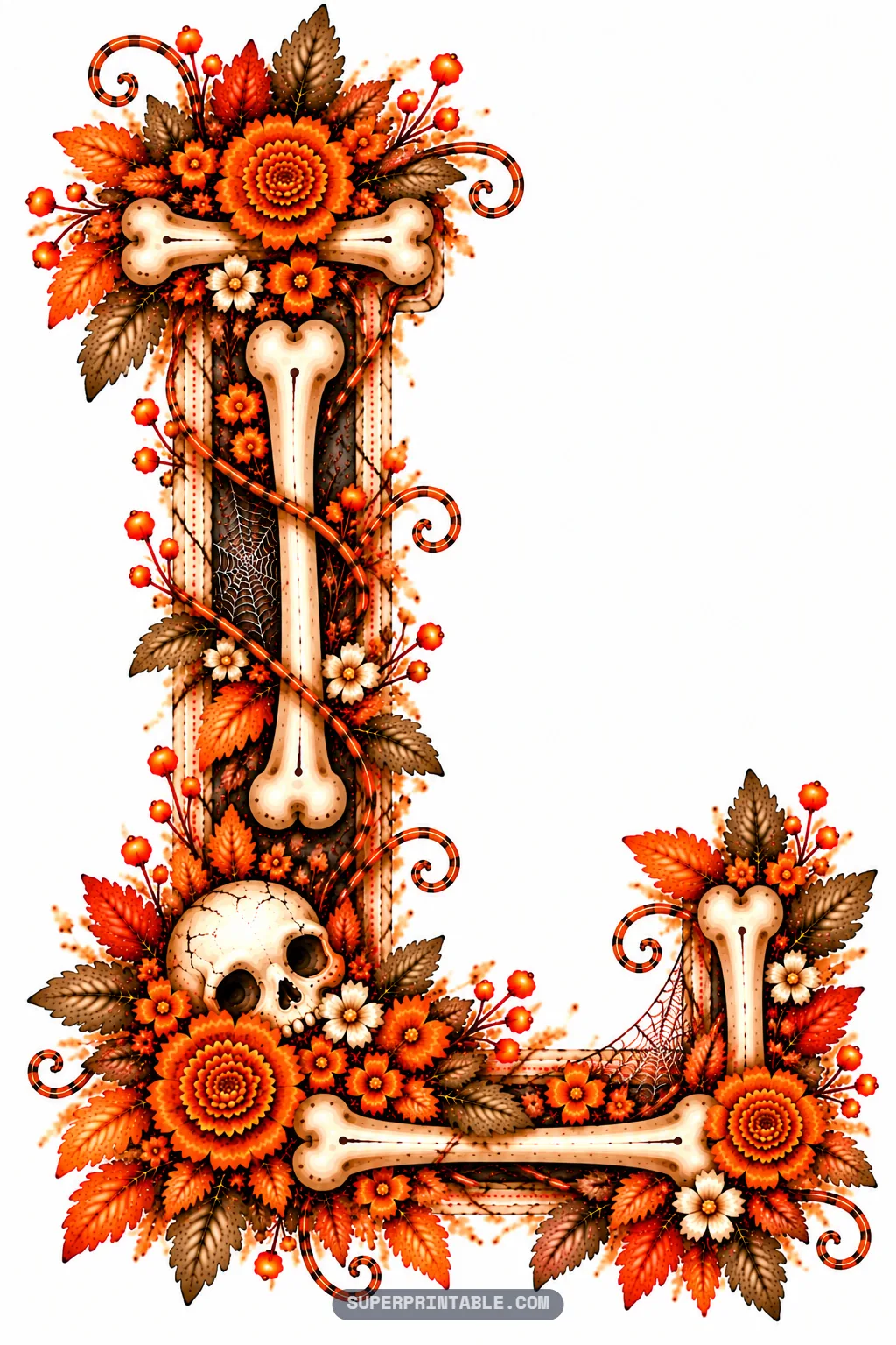 Gothic letter L decorated with clean bone shafts, a corner skull, cobwebs, and orange blossoms