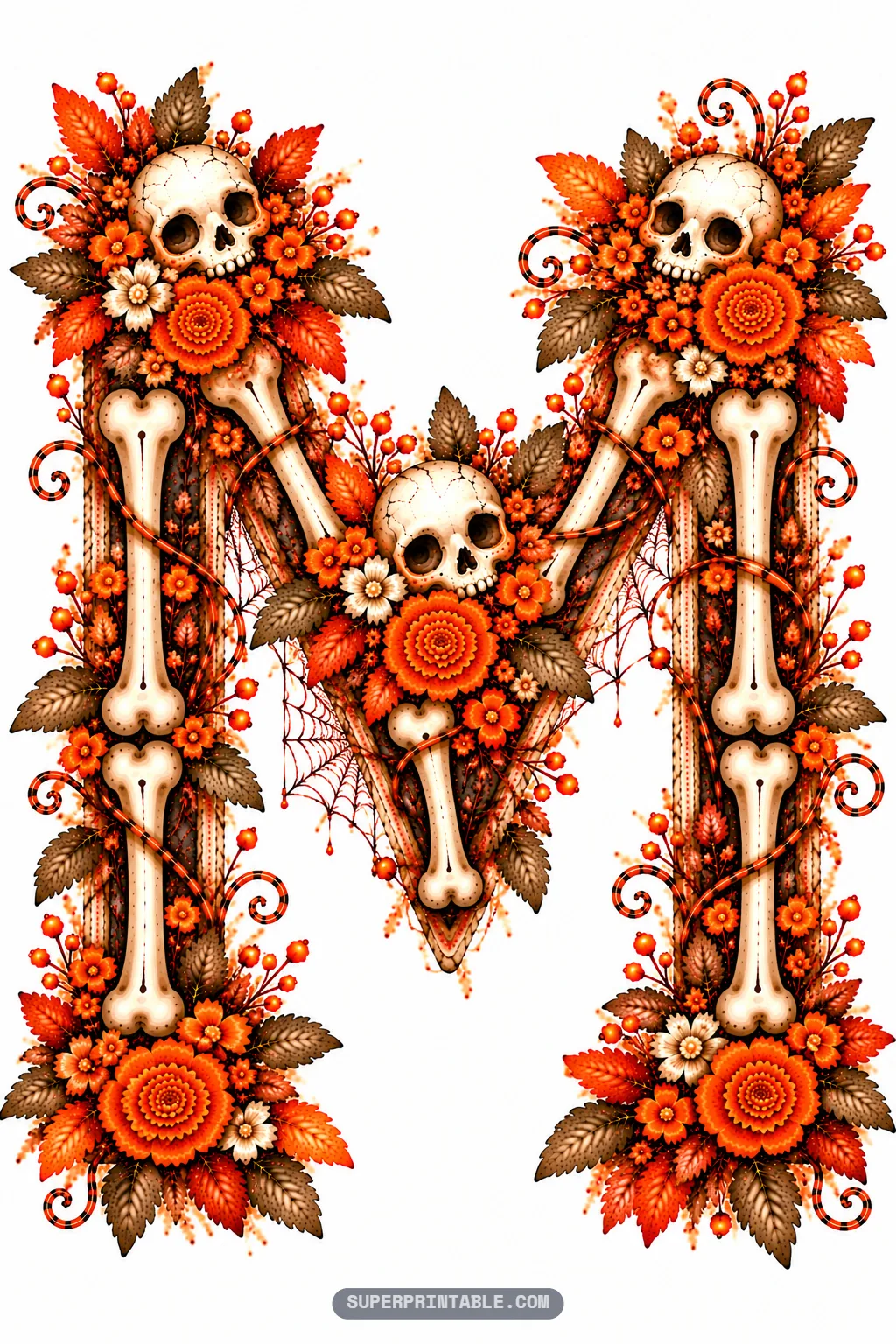 Letter M decorated with three skulls, bone pillars, autumn foliage, and bright orange blossoms