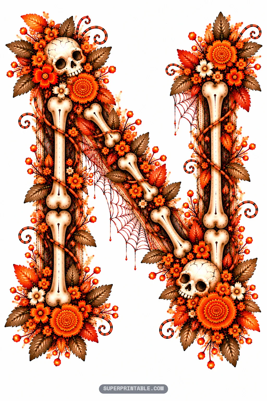 Letter N with skulls at alternating corners, bone diagonal struts, spiderwebs, and fall blooms