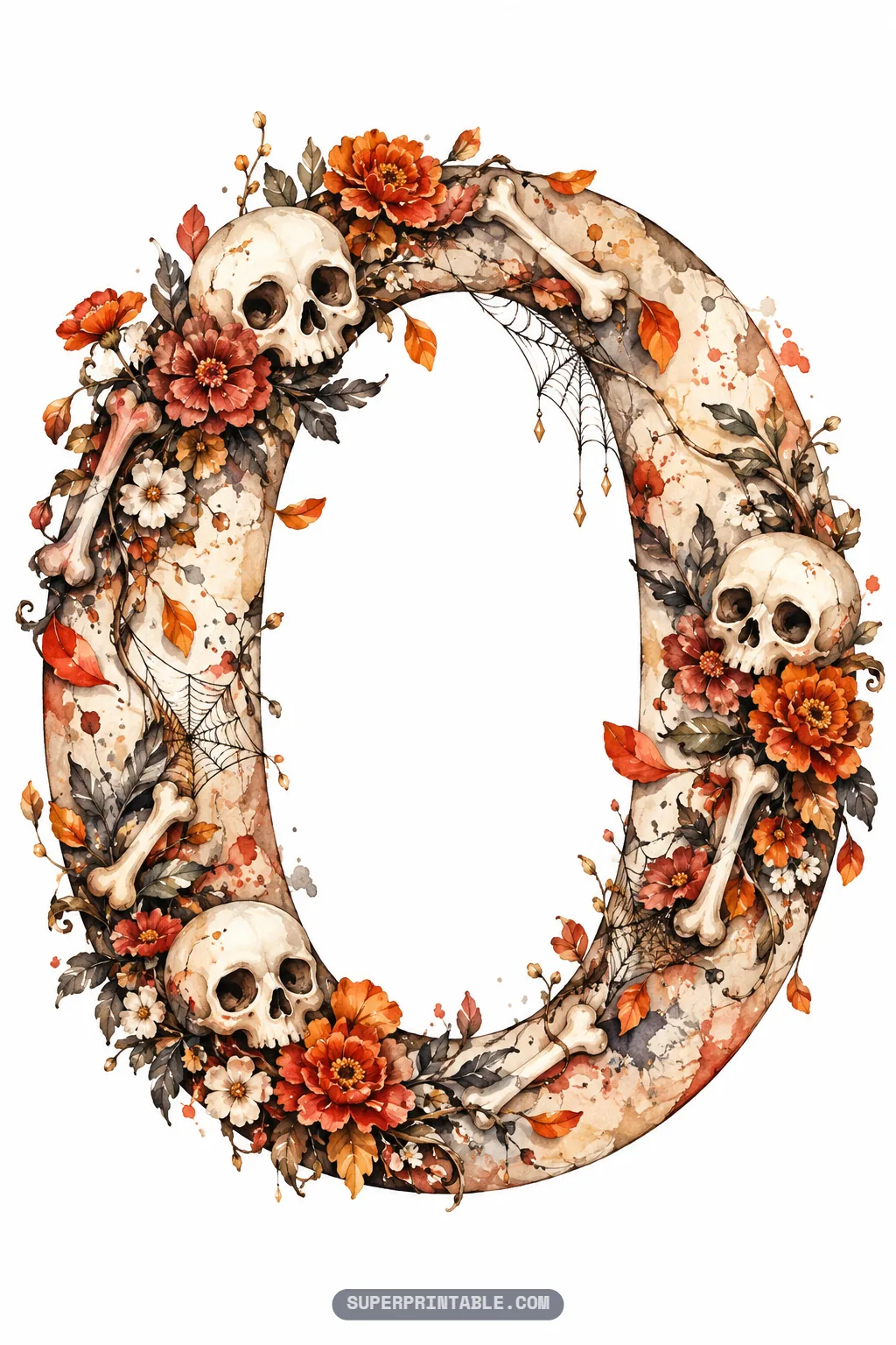Oval letter O adorned with three human skulls, curved bone accents, spiderwebs, and autumn flora