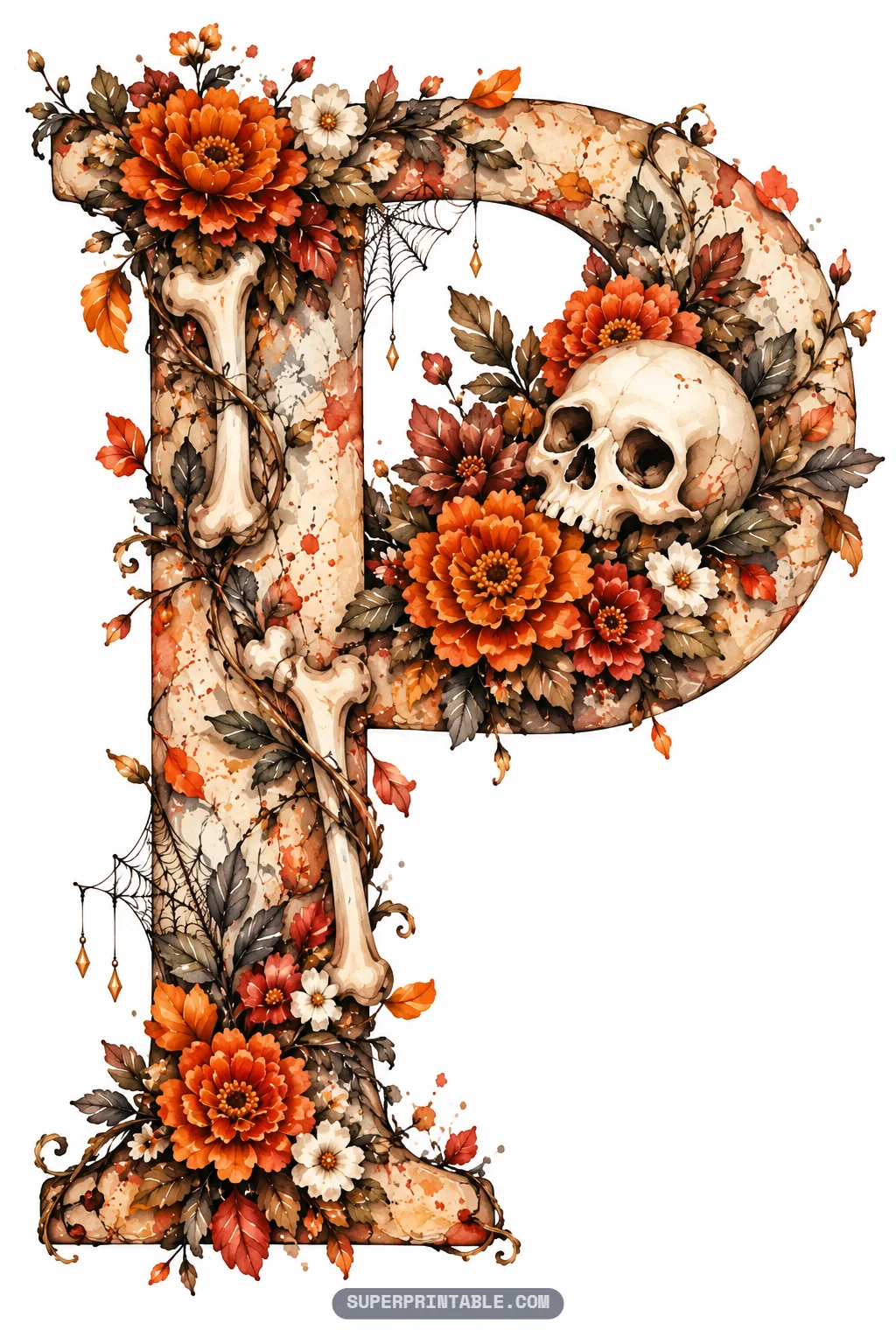 Letter P featuring a skull resting inside the upper loop, bone accents, and vibrant marigolds