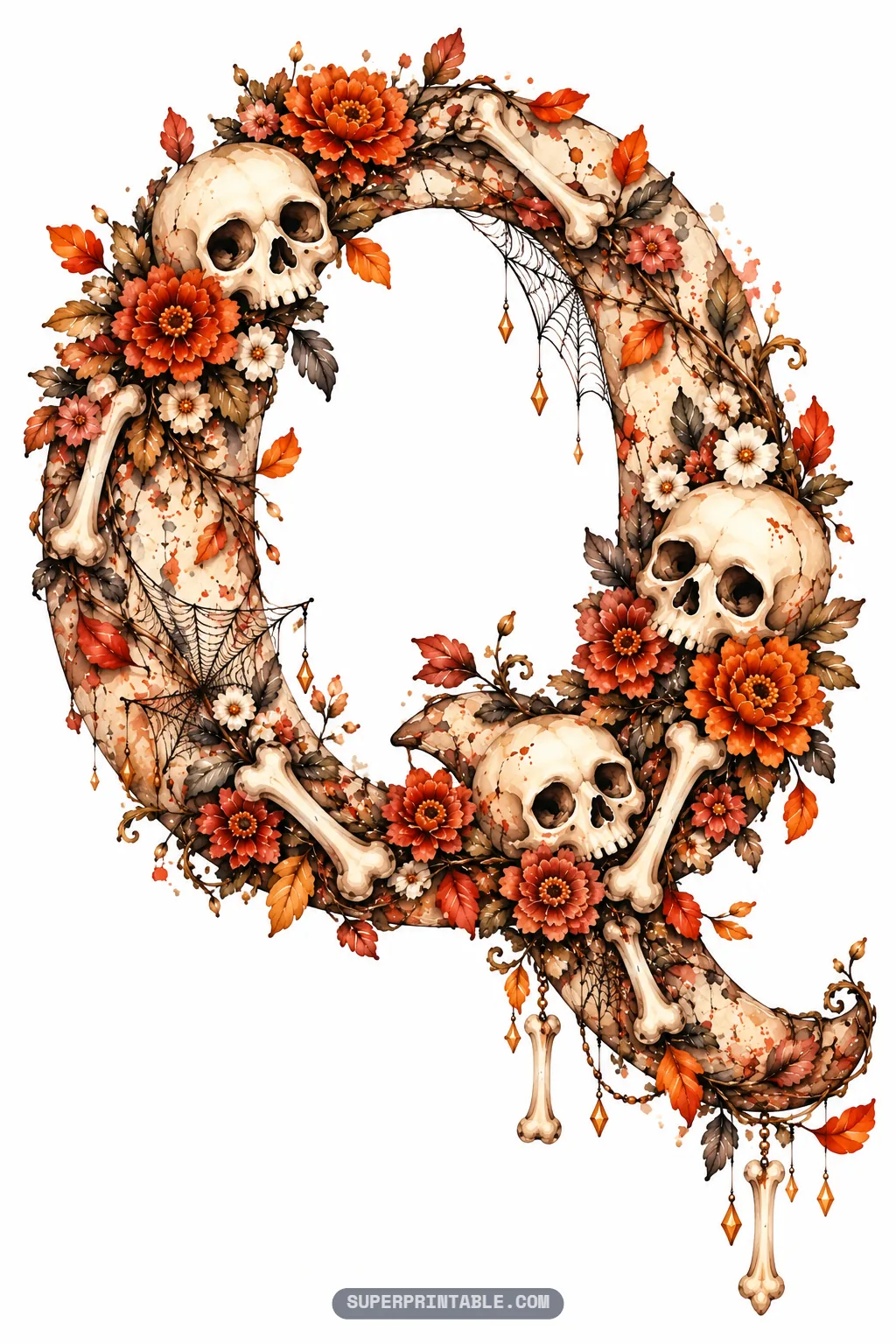 Gothic letter Q with three skulls, hanging bone pendants, cobwebs, and orange marigold flowers