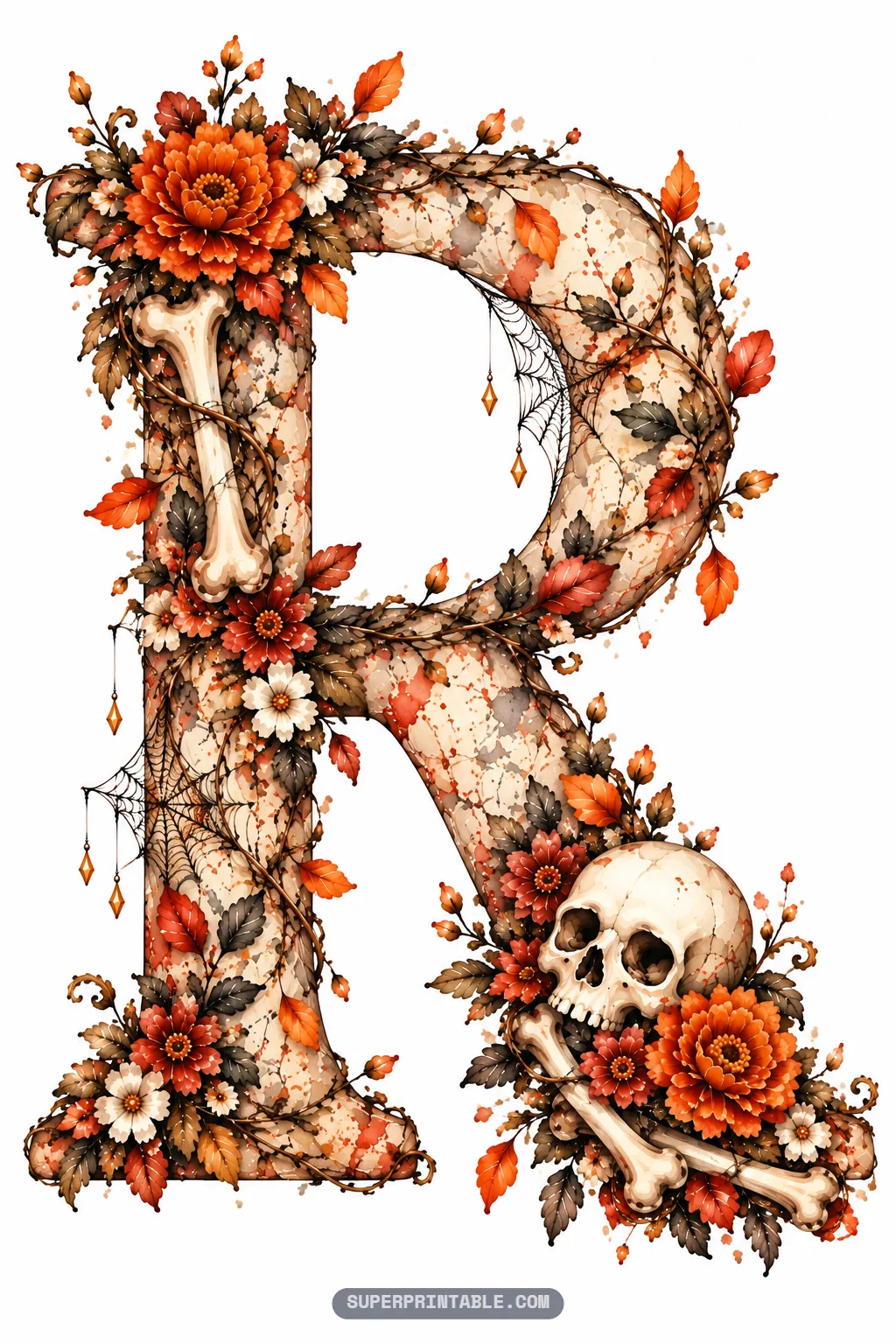 Letter R decorated with bone uprights, a lower skull and crossbones, spiderwebs, and marigolds