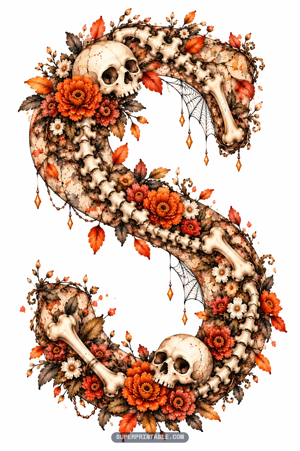 Curved letter S crafted with spinal vertebrae, two skulls, bone pieces, and orange marigolds