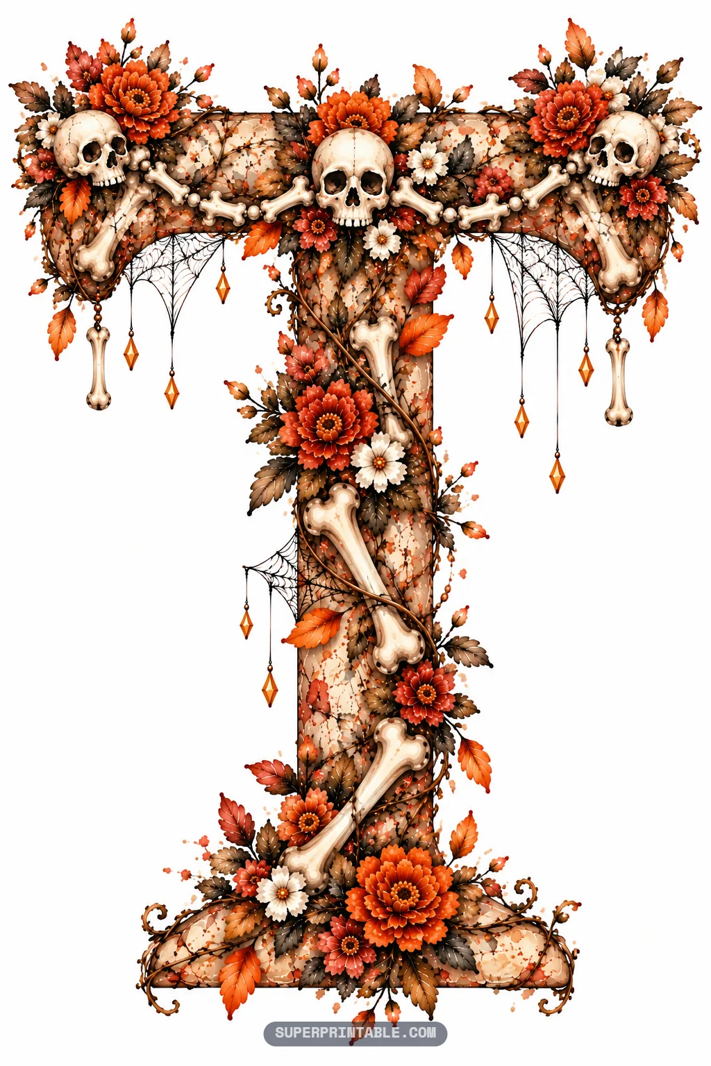 Letter T crowned with three skulls on the top bar, bone pillars, spiderwebs, and fall flowers