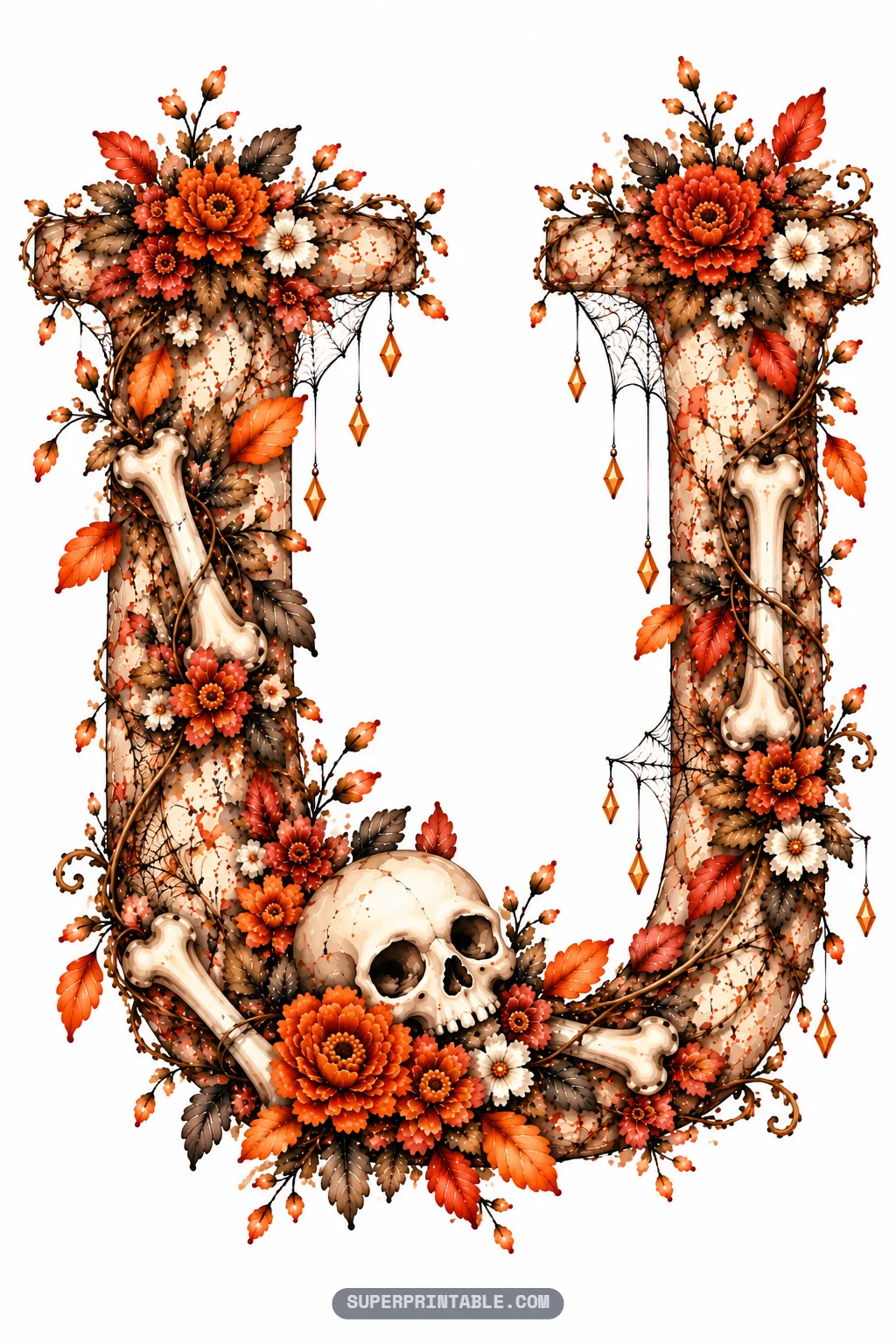 Letter U with bone uprights, a resting skull at the base, dangling charms, and orange marigolds