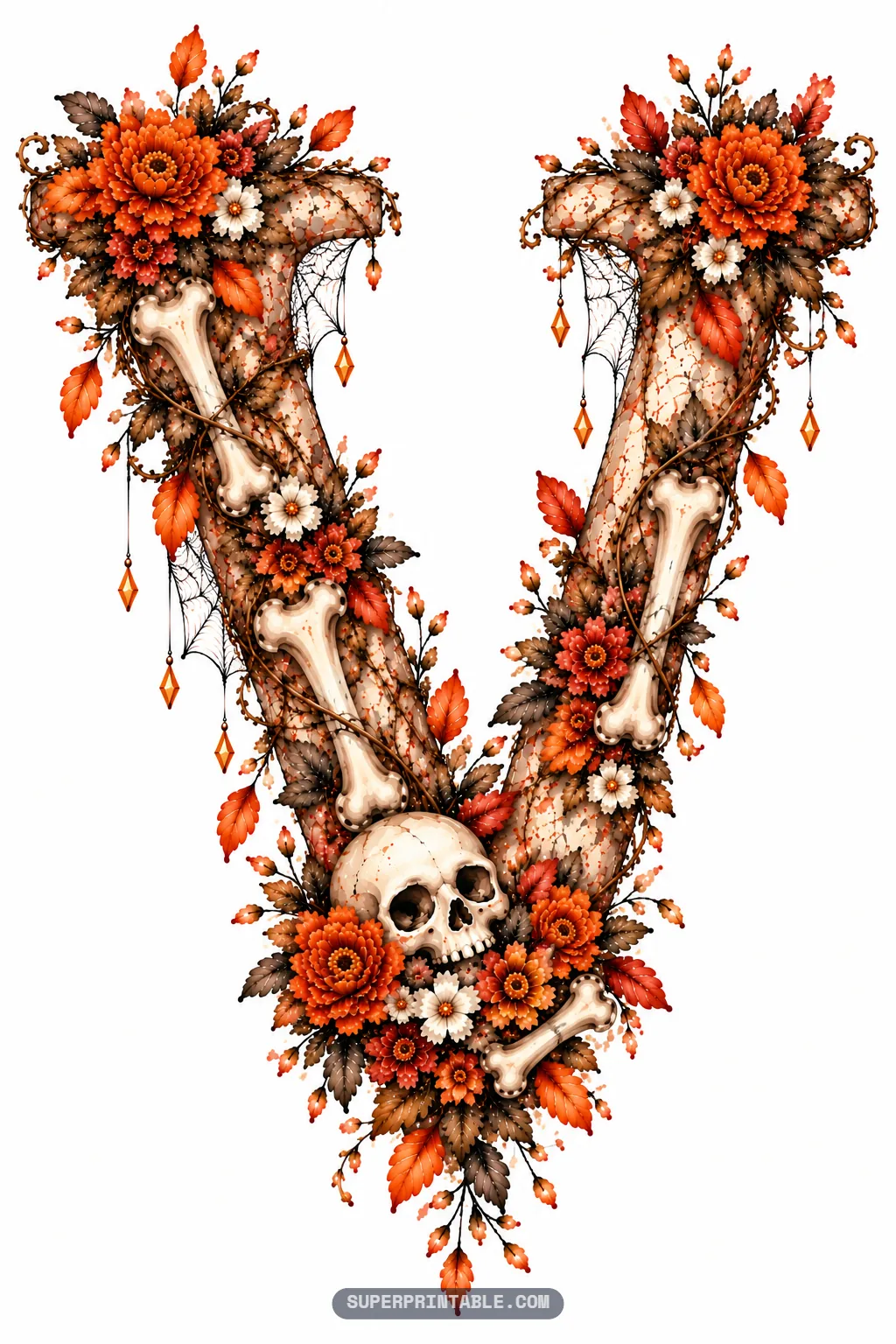 Letter V with bone diagonals, a skull nestled at the lower vertex, cobwebs, and fall foliage