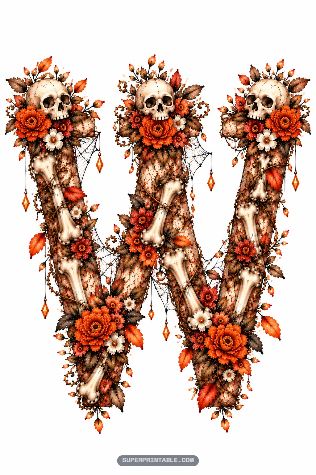 Letter W with three skulls crowning its peaks, bone pillars, spiderwebs, and orange blossoms