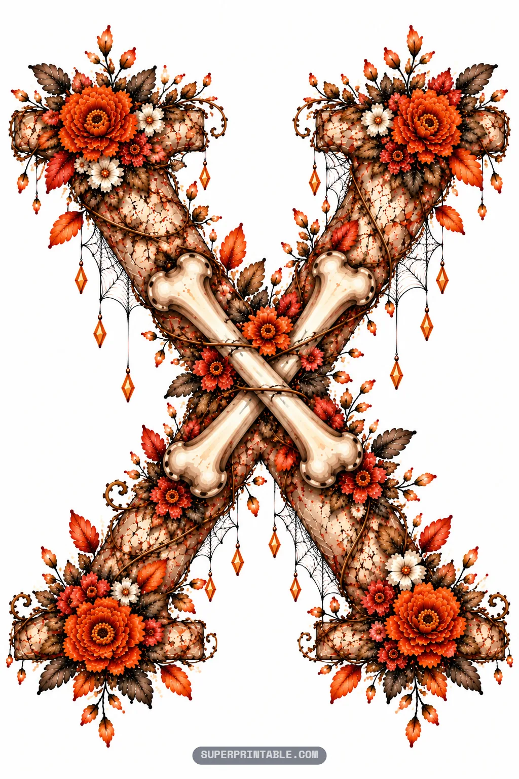 Letter X with prominent crossed bones at the center, hanging ornaments, and orange marigolds