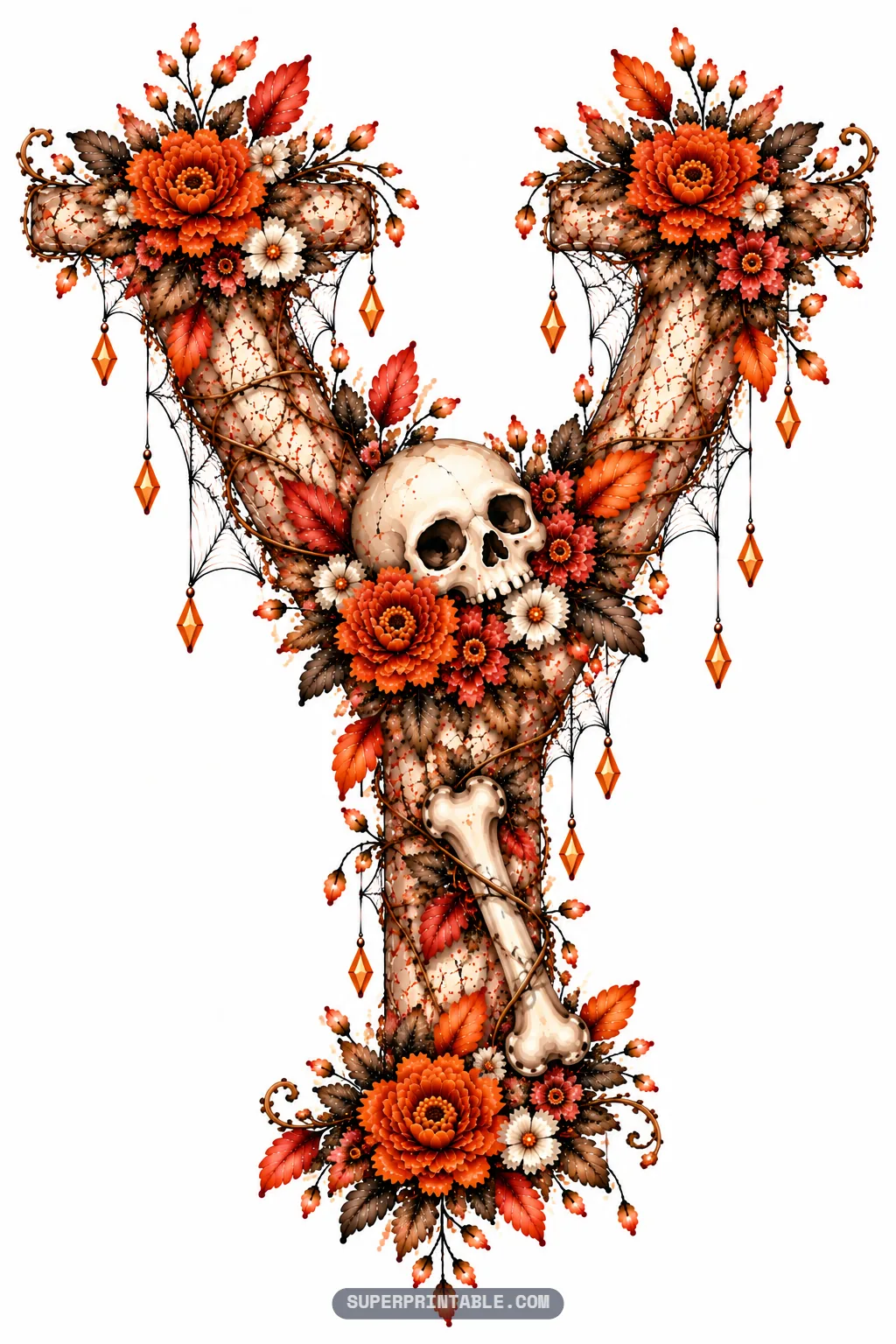 Letter Y with a human skull nestled in the center fork, bone stem, cobwebs, and orange flowers