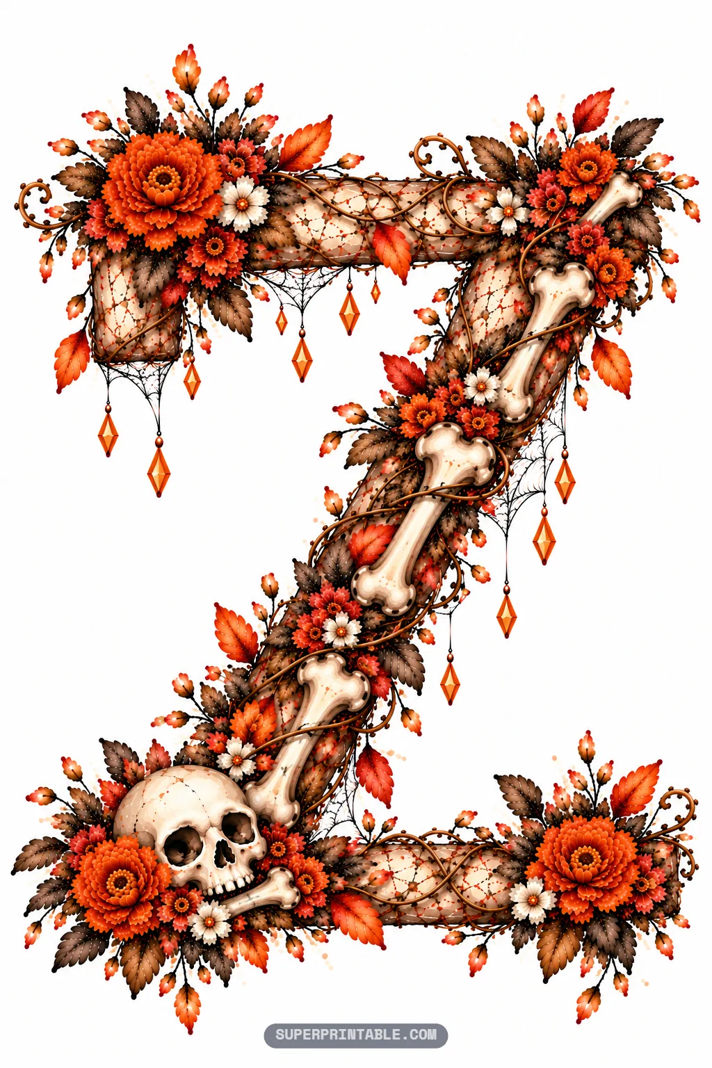 Letter Z with diagonal bone struts, a skull at the lower corner, spiderwebs, and fall flowers