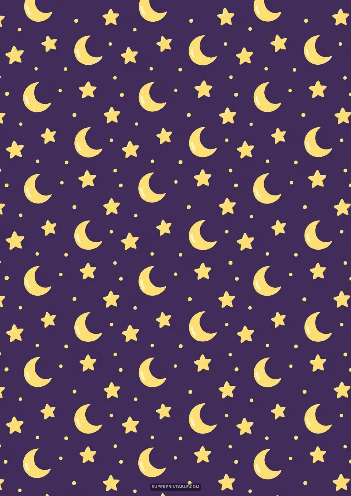 Whimsical yellow crescent moons and twinkling little stars across a deep night sky purple backdrop.