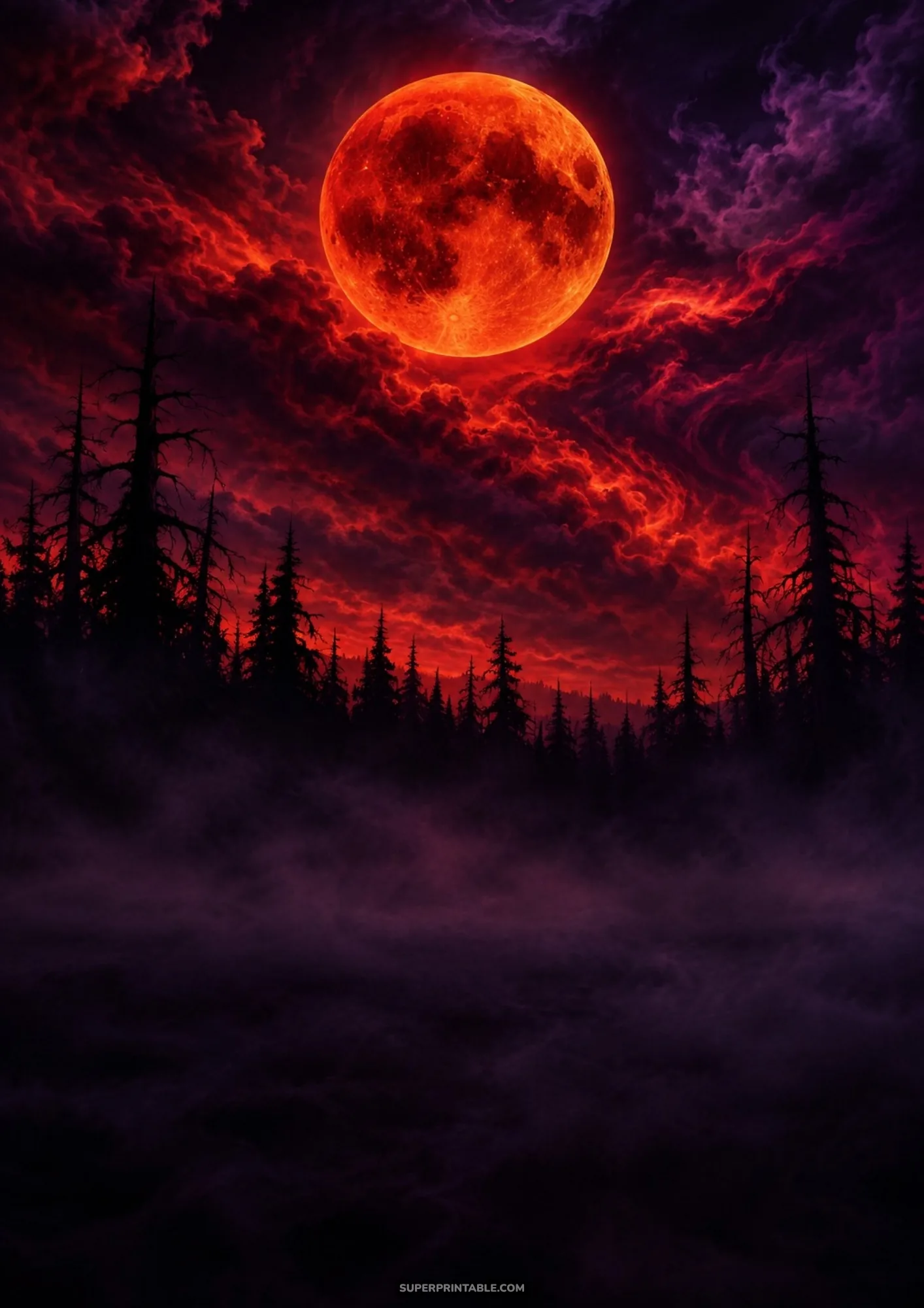Dramatic glowing red blood moon hanging over dark pine forest silhouettes immersed in dense ground fog