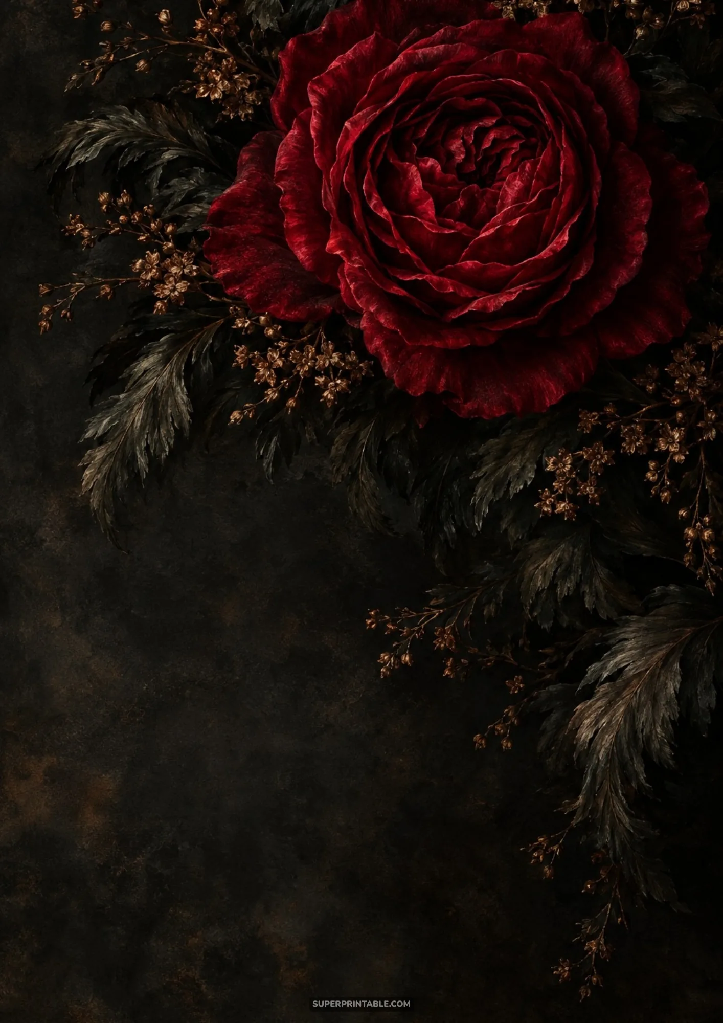 Lush crimson cabbage rose and bronze fern fronds positioned in the corner of a dark brown backdrop