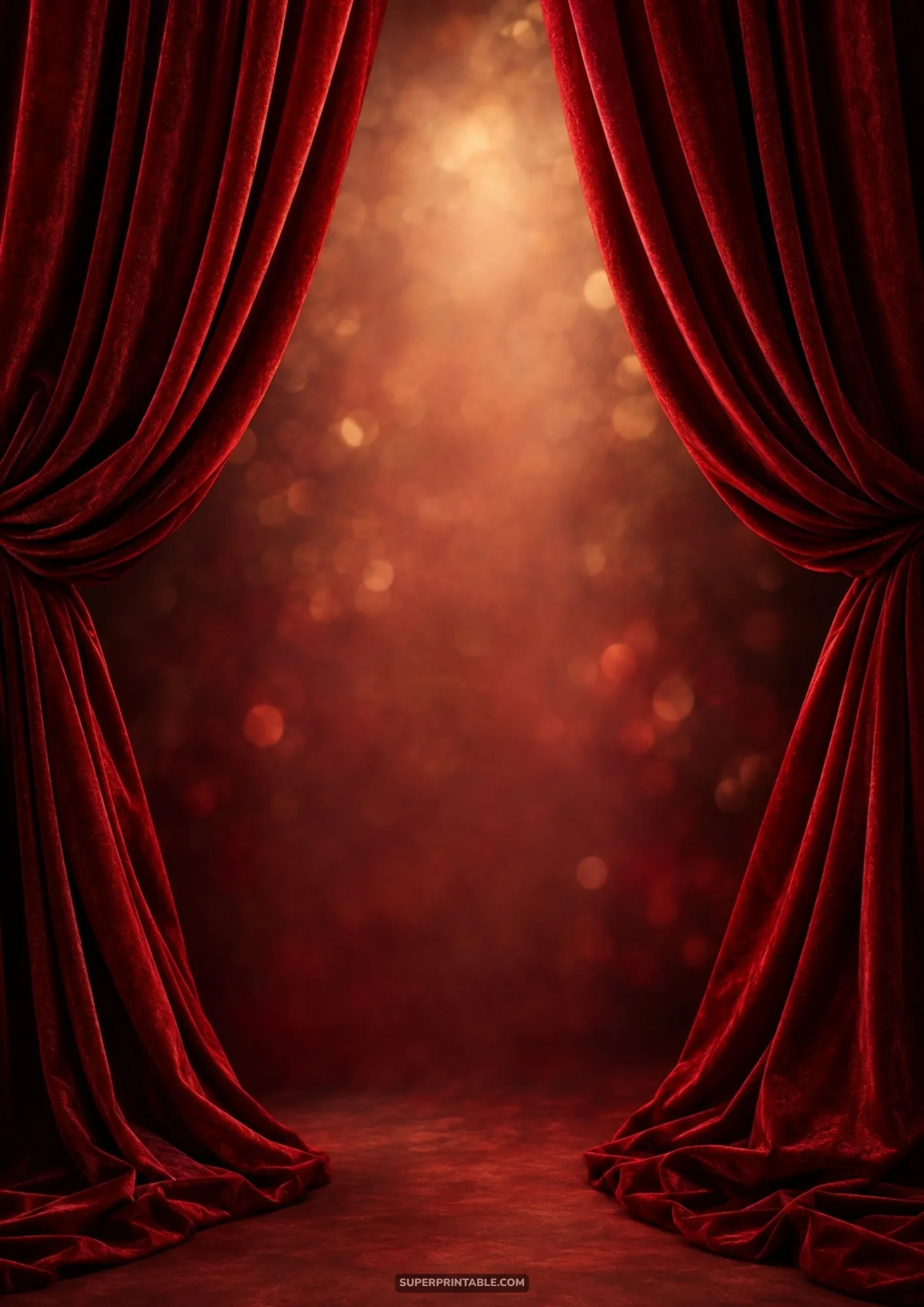 Deep red velvet theater stage curtains parting open against a glowing warm bokeh backdrop